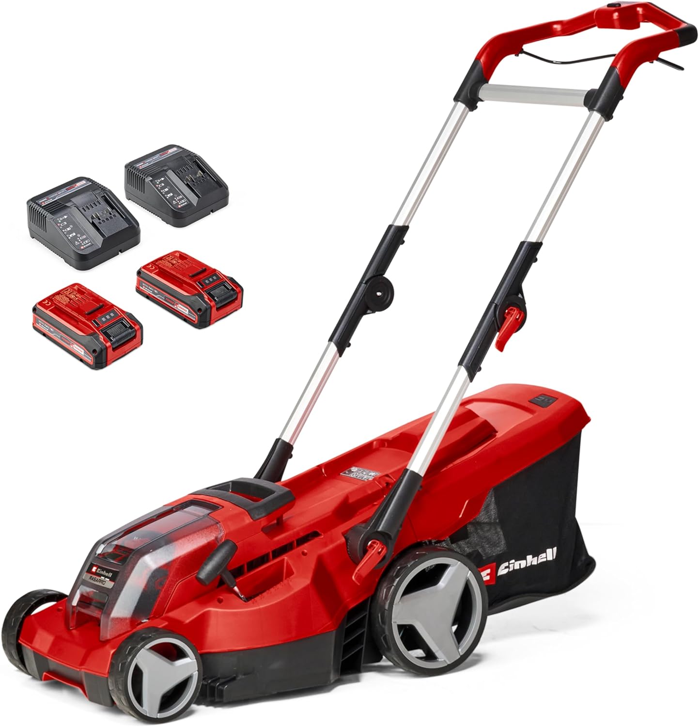 Einhell Akku-Rasenmäher, 36 cm Schnittbreite, bis 400 m², 45L Fangkorb, 25-75 mm Schnitthöhe, 2 × 3,0 Ah Plus Akkus + 2X Ladegerät), klappbar