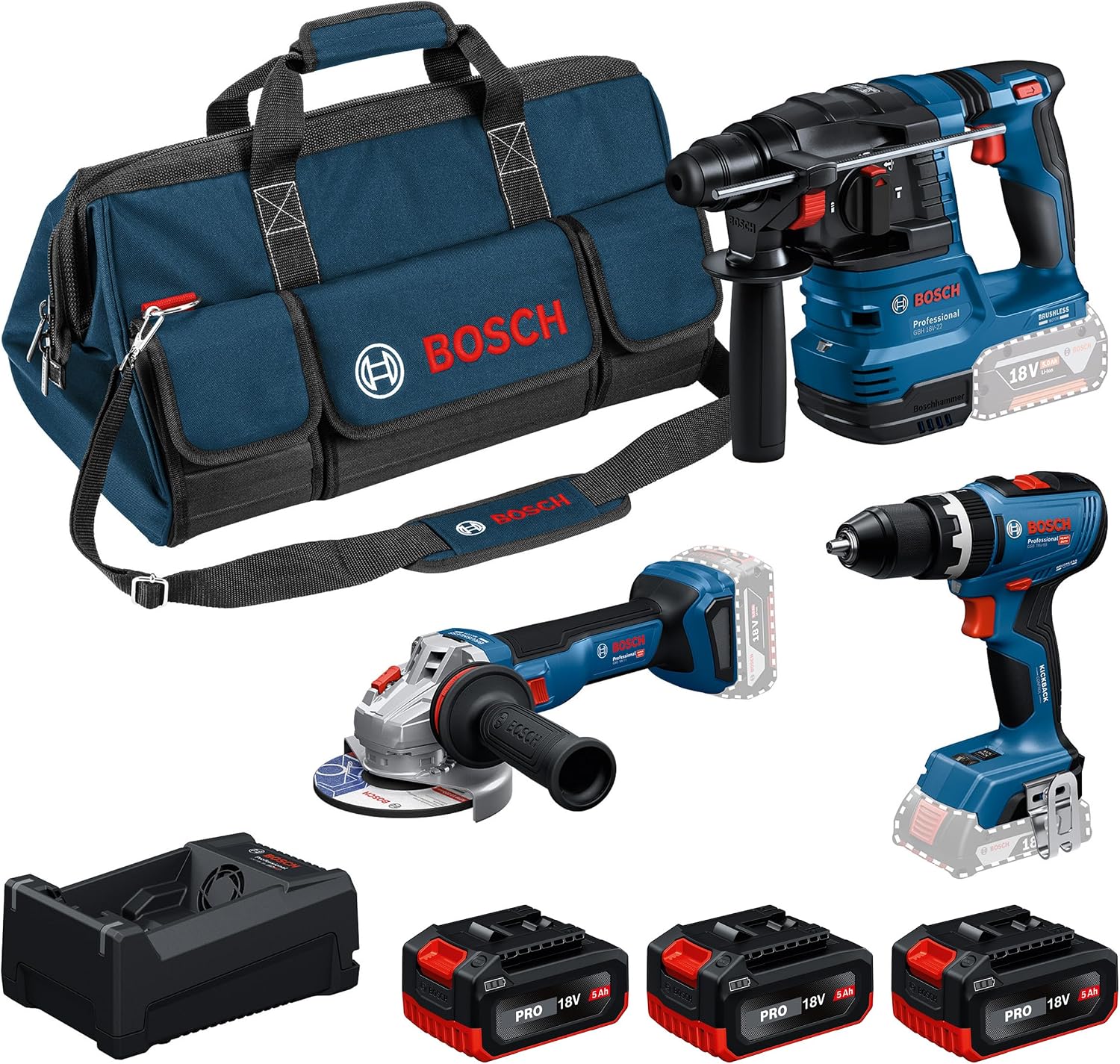 Bosch PRO 18V System Combo-Kit: GSB 18V-65, GBH 18V-22, GWS 18V-11, 3x GBA 5.0Ah, GAL 12V/18V-80