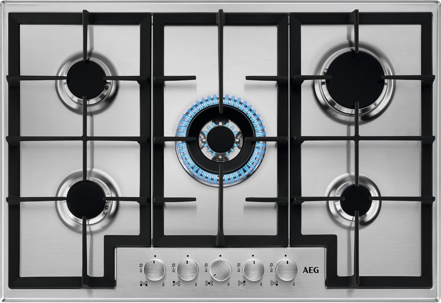 AEG HGB75400SM Slim Line Gaskochfeld aus Edelstahl, 75 cm, 5 Speed-Burner-Gasbrenner, automatische Gasabschaltung