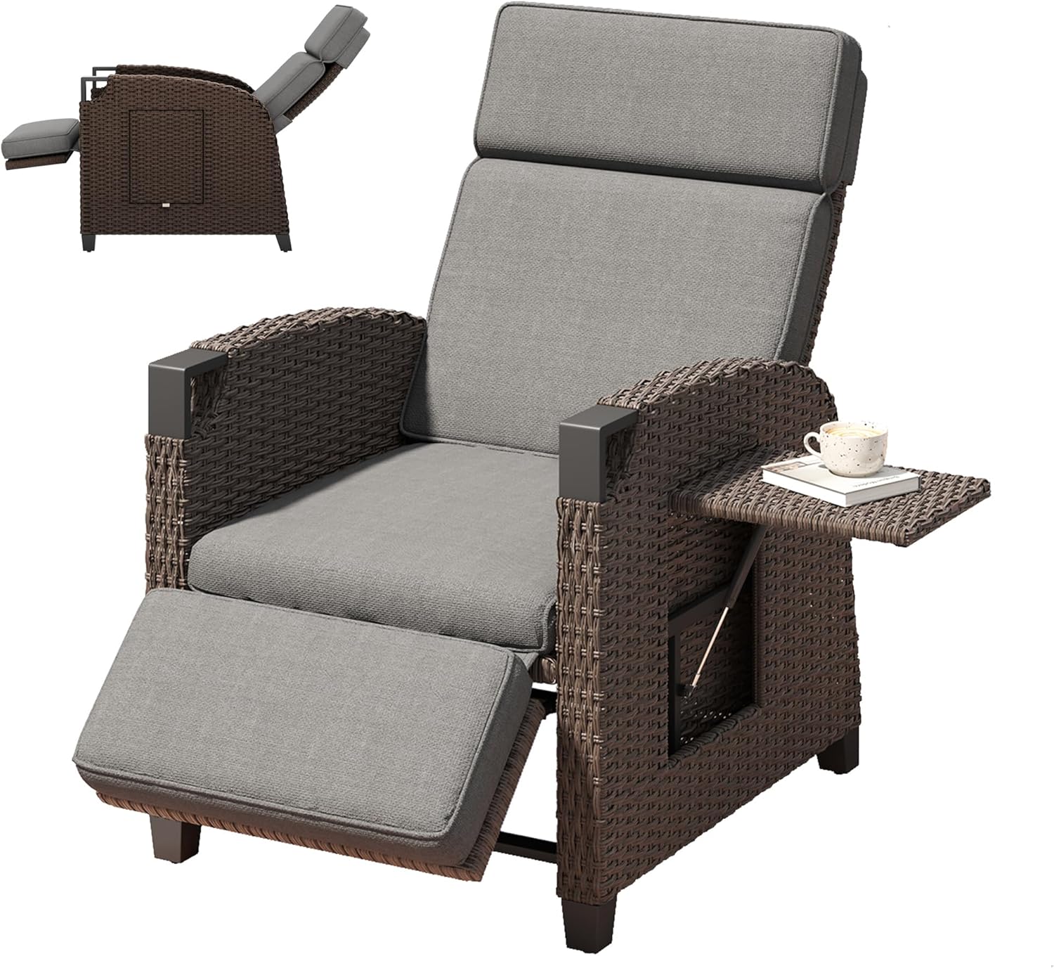 Amopatio Relaxliege Liegesessel, Grau Sitzkissen & Dunkelbraun Rattan, Rattan Sonnenliege mit Verstellbar Rückenlehne und Klapptisch
