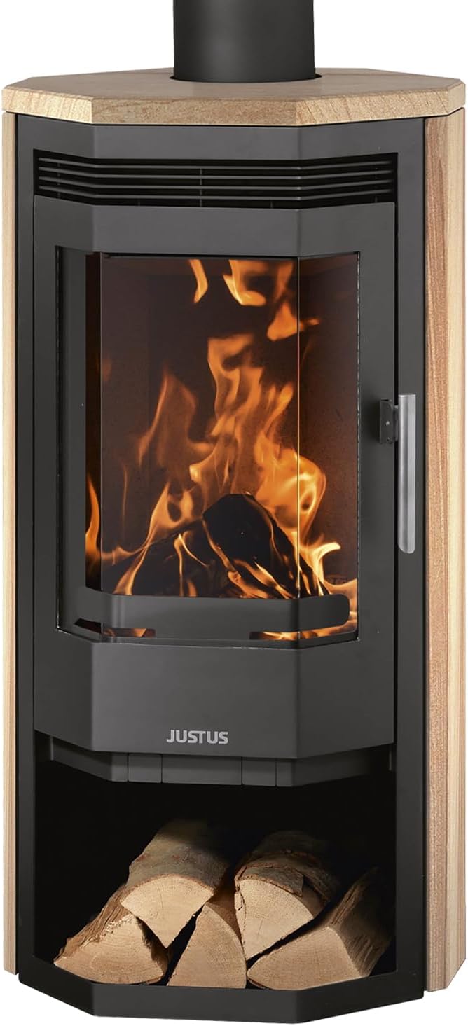 Justus Usedom 5 Kaminofen Stahl Schwarz mit Sandsteinverkleidung 5,5 Tisch, 5,5 kW