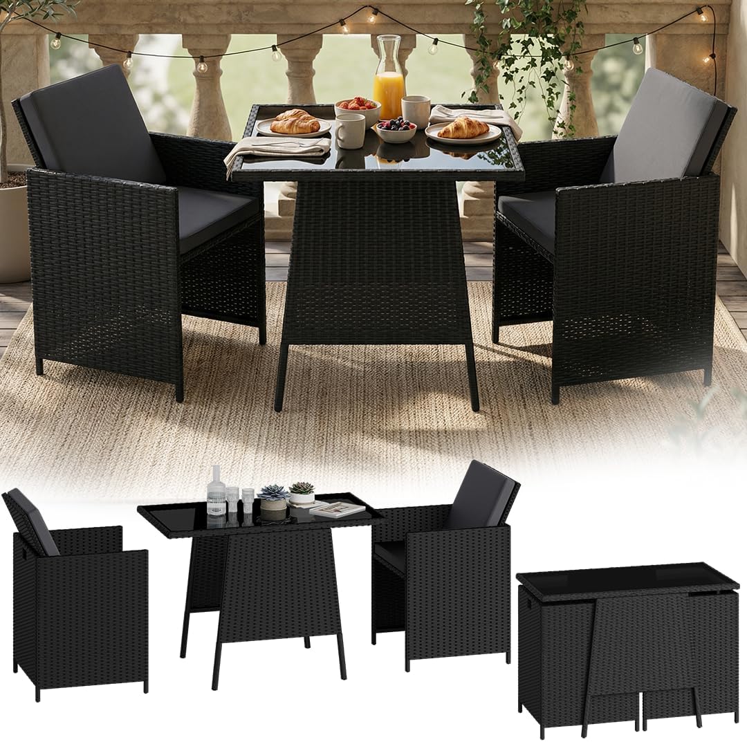 STEELSØN Xenara Essgruppe 3-teilig Schwarz/Anthrazit Tisch, Outdoor Rattan Sitzgruppe, klappbare Stühle mit Sitzkissen, wetterbeständig