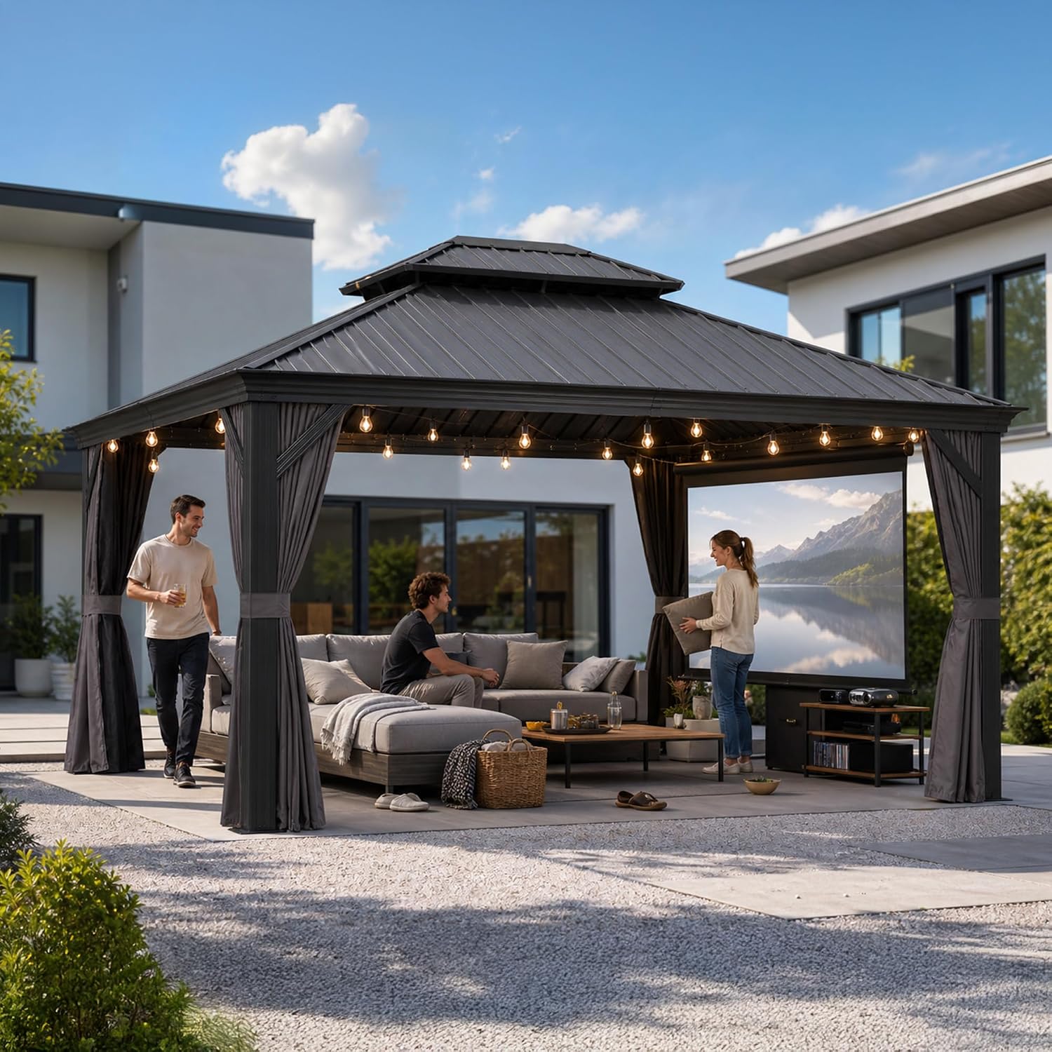 PURPLE LEAF Gartenpavillon 3.65 × 4.25 m Alupavillon Wasserdicht, Maße: 365 W x 425L x 307H cm, 425 L, LED-Beleuchtung, wetterbeständig