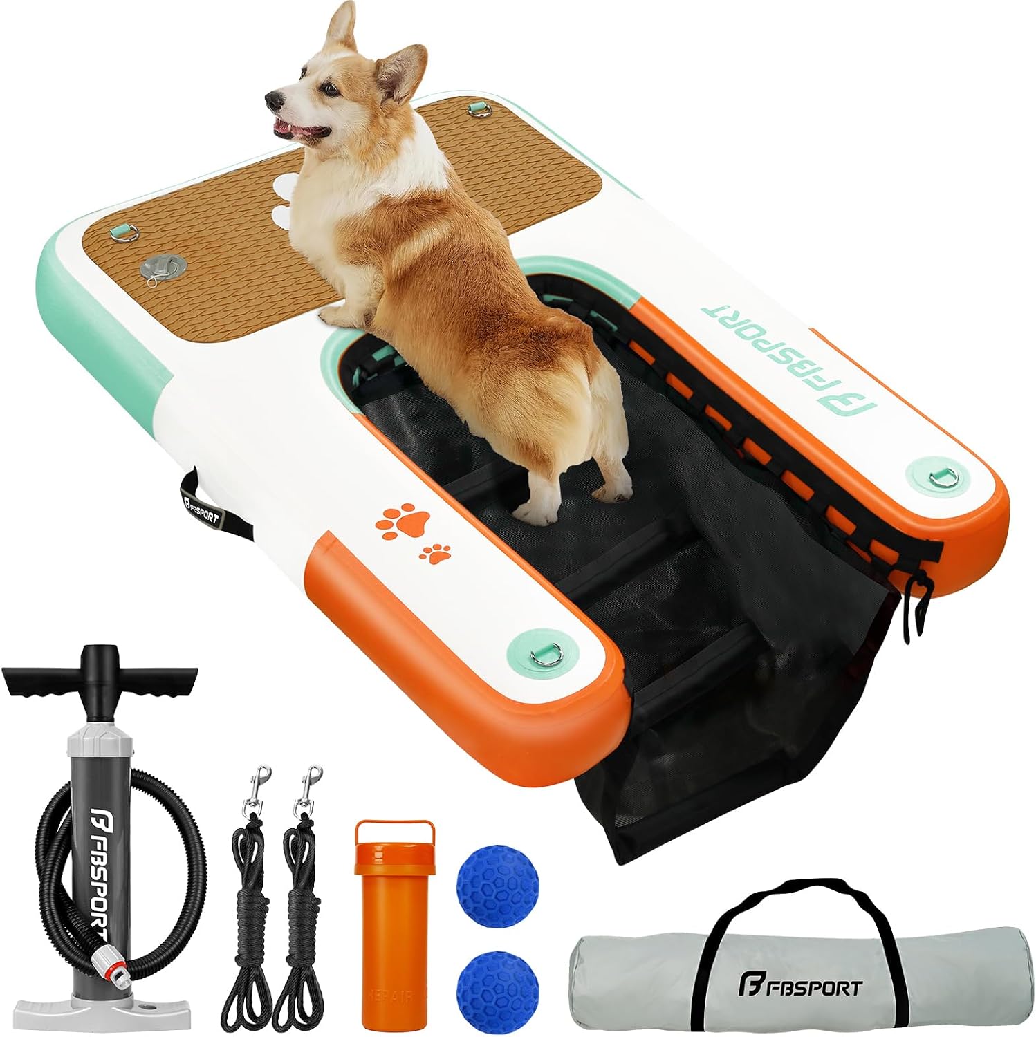 FBSPORT Hunderampe Aufblasbare Hunde Wasserrampe Pool, rutschfeste Eva-Schwimmleiter für Hunde bis zu 100 kg, Nutzer misst 120 × 81 × 15 cm