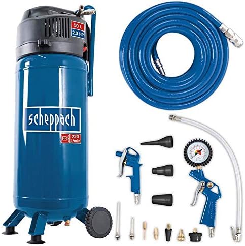 Scheppach Kompressor HC51V (1500 W, 50 L, Ansaugleistung 220 l/min, 10 bar, 13-teiligem Druckluft-Werkzeug-Set + 15 m Gewebeschlauch