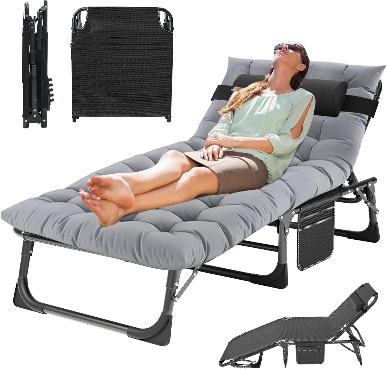 MOPHOTO klappbare Outdoor-Sonnenliege, 5 Positionen, 1200D-Oxford-Gewebe, Stahlrahmen, bis 227 kg, Kopfkissen und Seitentasche