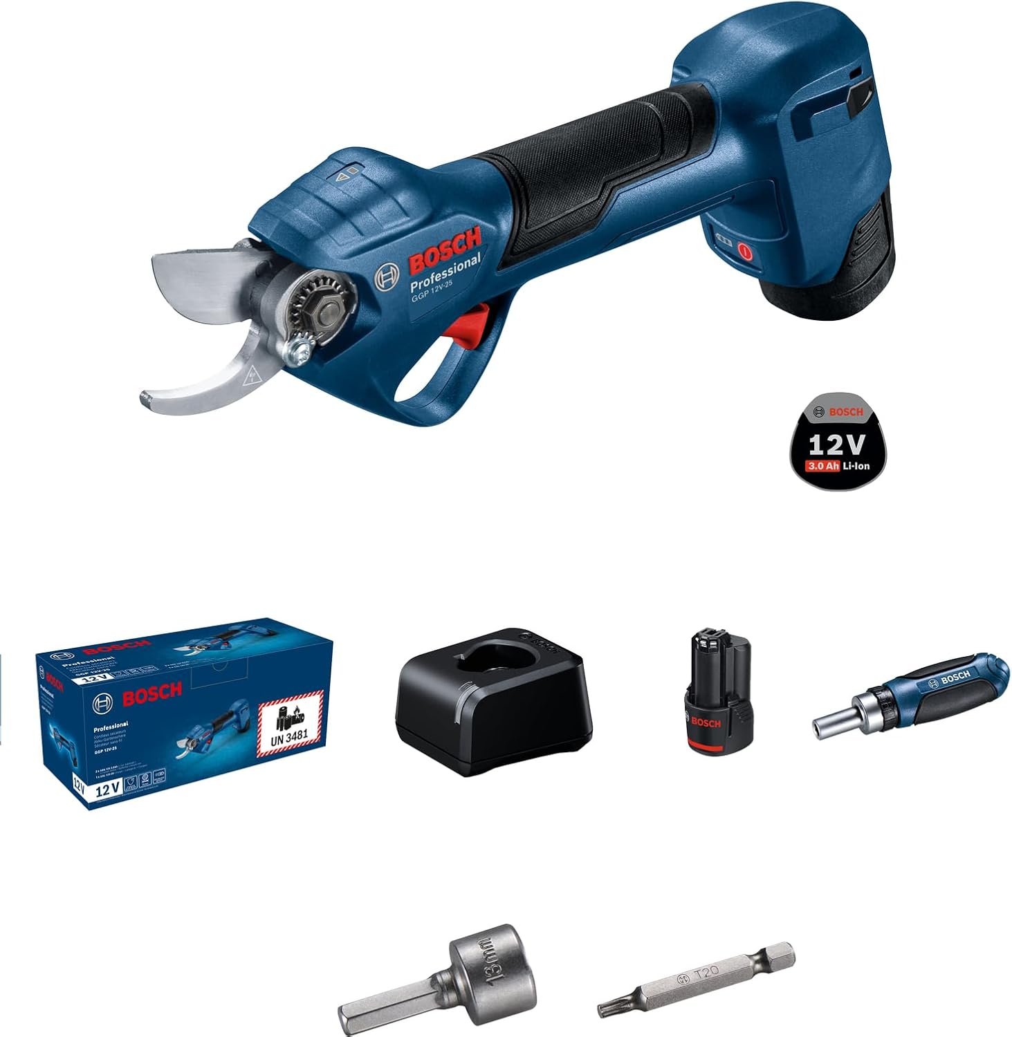 Bosch Professional 12V System Astschere GGP 12V-25, einem kraftvollen bürstenlosen Motor, dem 12V-Akku, 2 × 3,0-Ah-Akku)