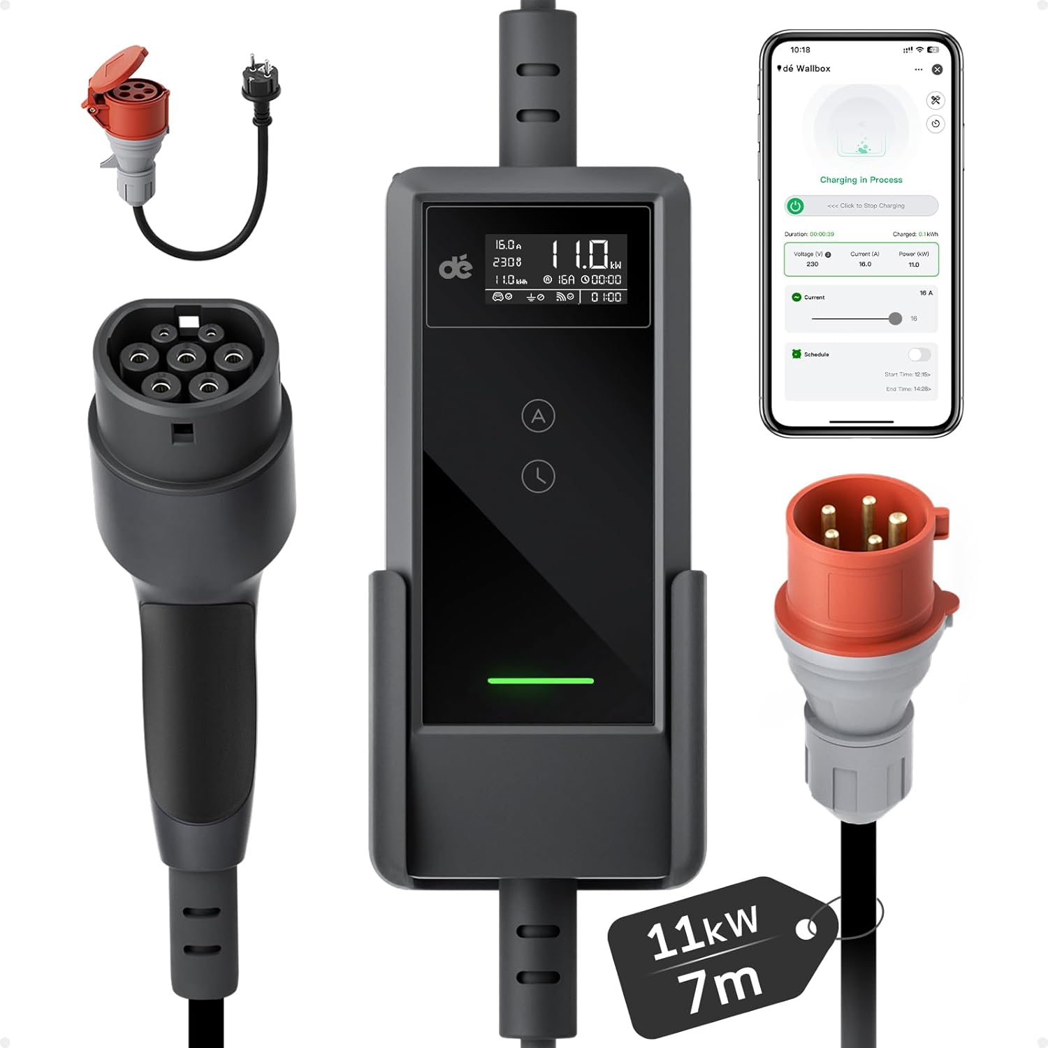 dé Mobile Wallbox 11kW mit APP 7 m, 11 kW, App-Steuerung, 3-phasig, 6-16 A, Ladekabel e Auto CEE-16A 400V auf Typ 2 mit Einstellbarer Ladeleistung