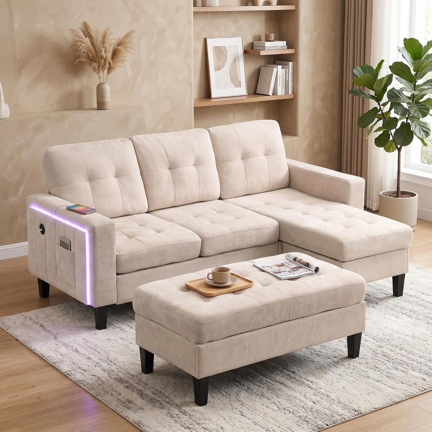 Ecksofa L-Form mit Schlaffunktion & Beweglicher Zweisitzer Hocker, 185 × 135 × 85 cm, App-Steuerung