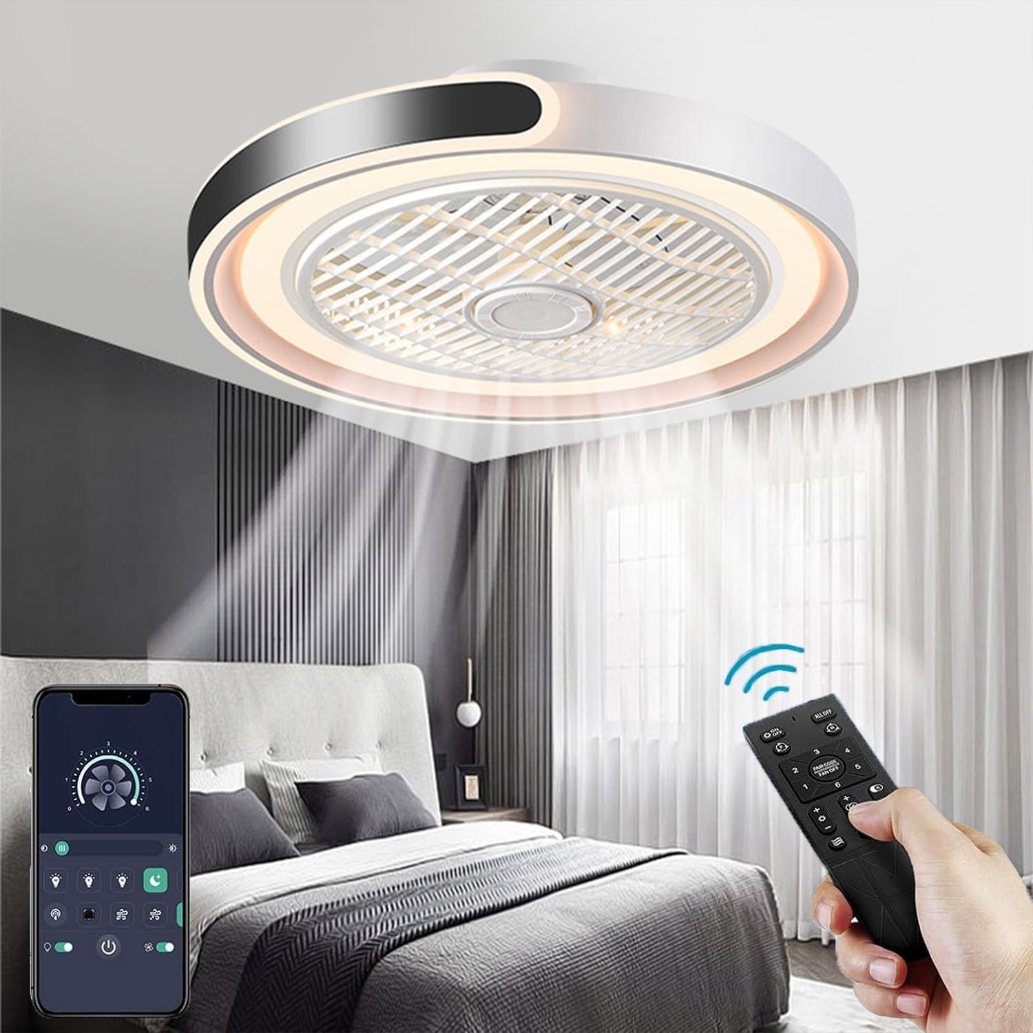 ASJK Deckenventilator mit dimmbarer 72-W-LED, bis 7.200 lm, 3.000–6.000 K, 6 Stufen, reversibel, App, Fernbedienung, Schwarz