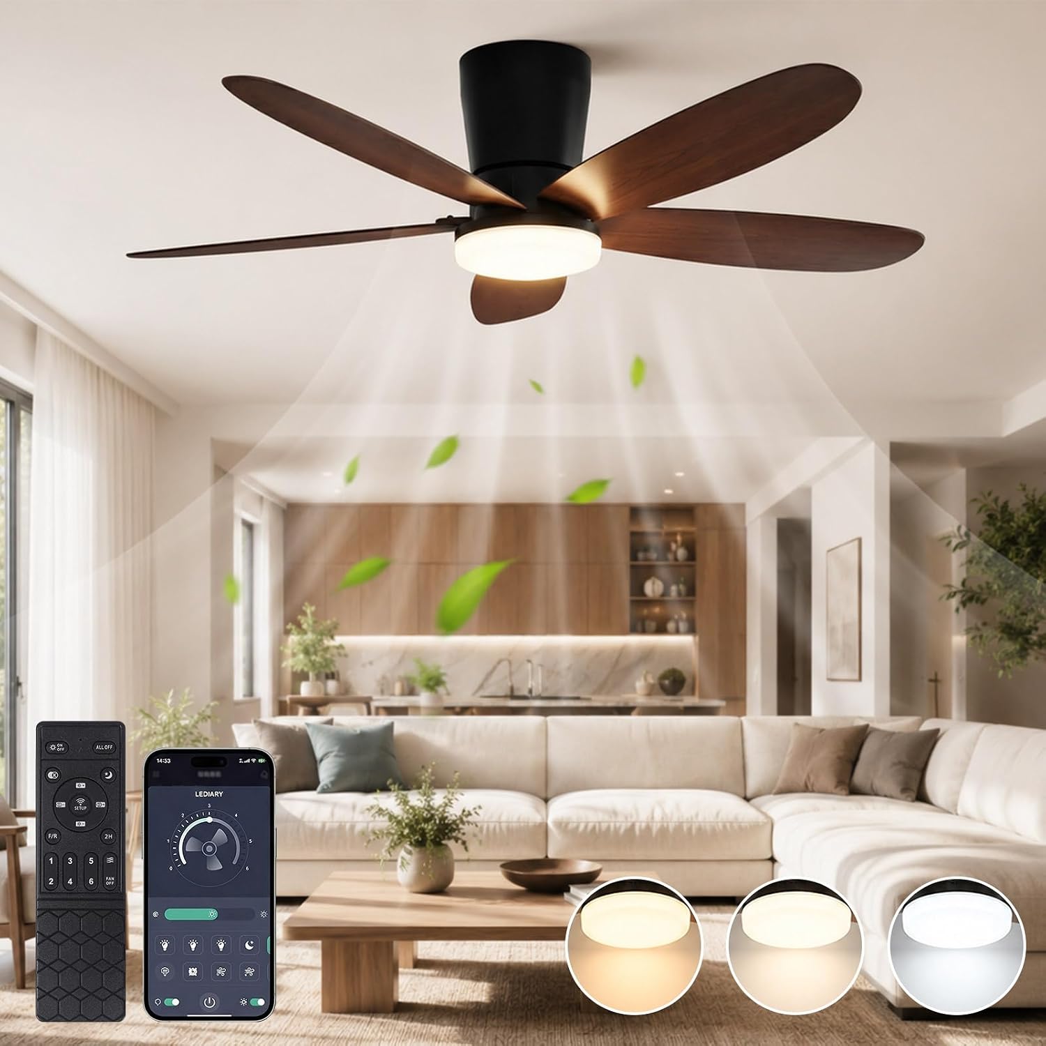 Deckenventilator mit Beleuchtung & Fernbedienung, App-Steuerung 107 cm Deckenventilator Leise mit DC Motor, 30 dB, Dimmbare LED in 3 Farben, Timer