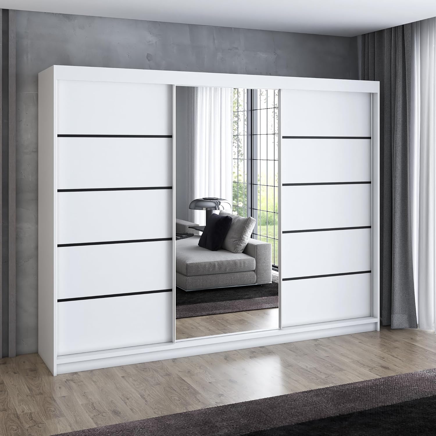 A&J MöbelLand Schwebetürenschrank VILUNO 2 Kleiderschrank 3-türig 200 cm, Stauraum, 4 Schubladen & 2 Kleiderstangen