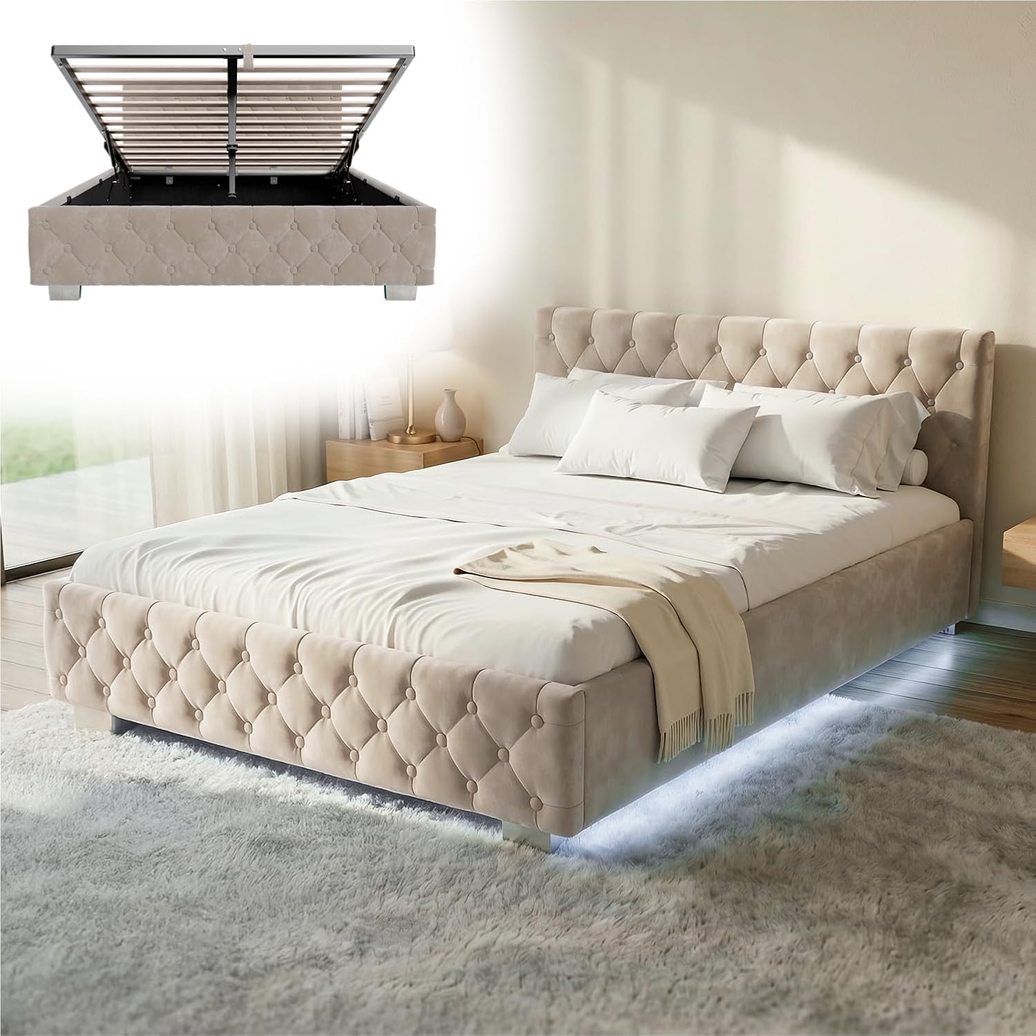 Juskys Polsterbett, 140 × 200 cm großer Liegefläche, LED Beleuchtung & Lattenrost, Stauraum