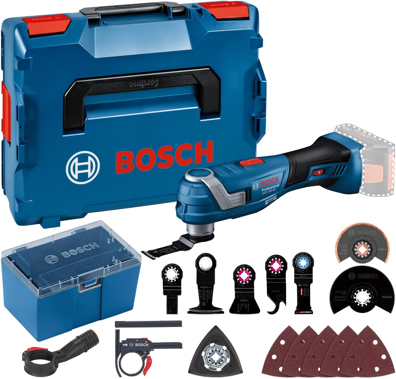 Bosch Professional 18V System Akku Multi-Cutter GOP 18V-34 (Vibration, 1x Schleifplatte, 5x Schleifblatt, 5x Zubehör