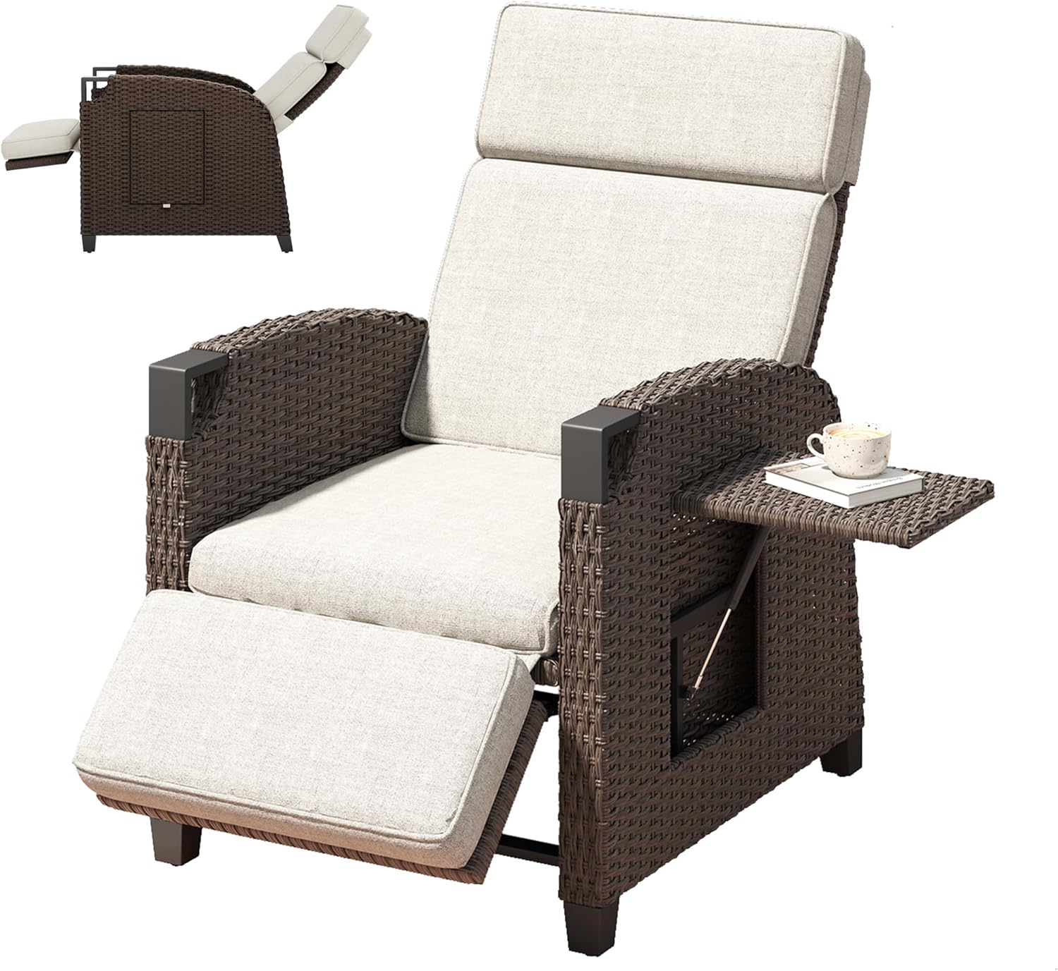 Amopatio Relaxliege Liegesessel, Rattan Sonnenliege mit Verstellbar Rückenlehne und Klapptisch, Outdoor Gartensessel wetterfestes, wetterbeständig
