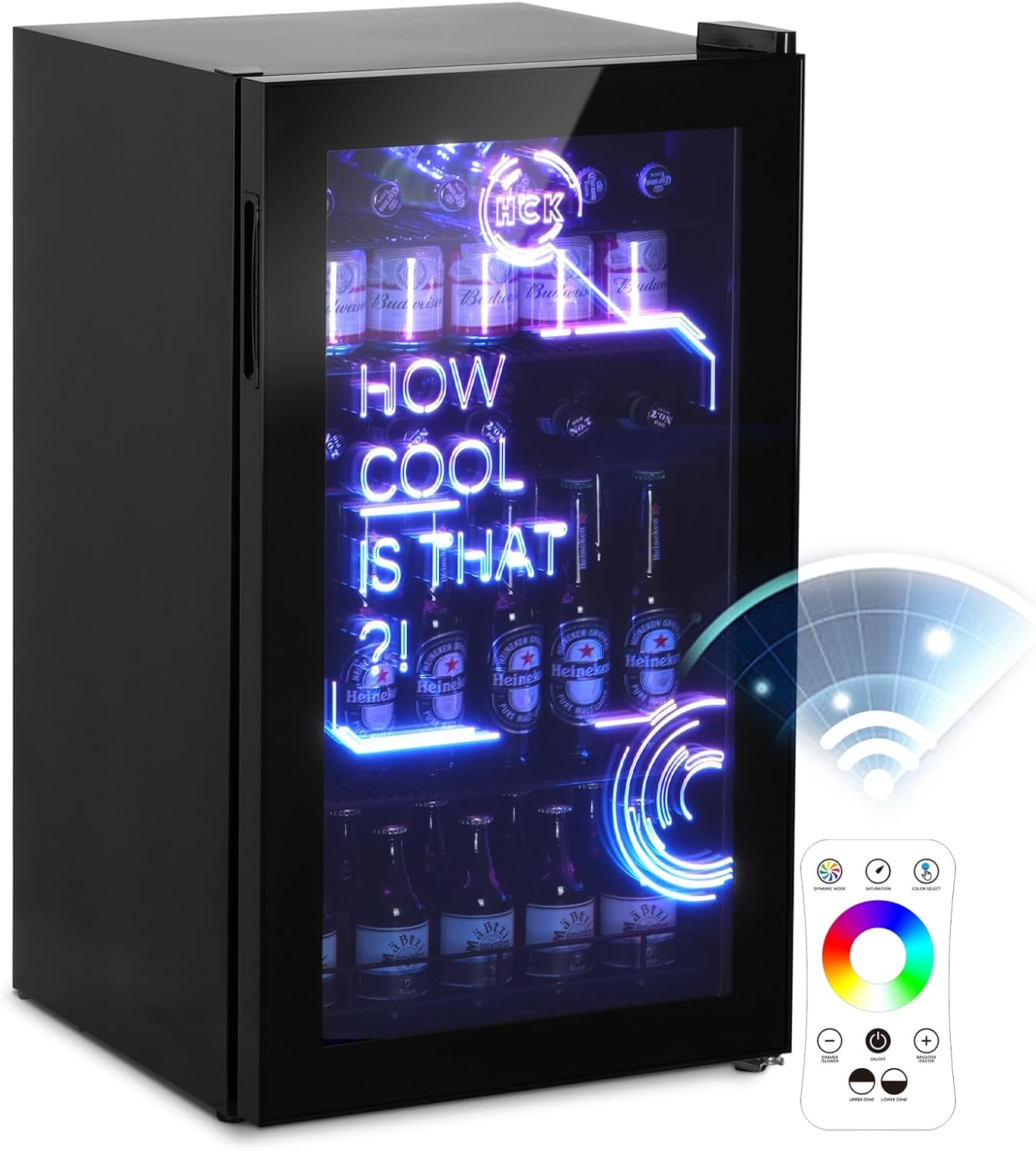 HCK 98L Getränkekühlschrank mit Cyberpunk RGB Beleuchtung, Minibar kleine Kühlschr, lautlos 39 dB, Stauraum, Minibar kleine Kühlschrank mit Glastür