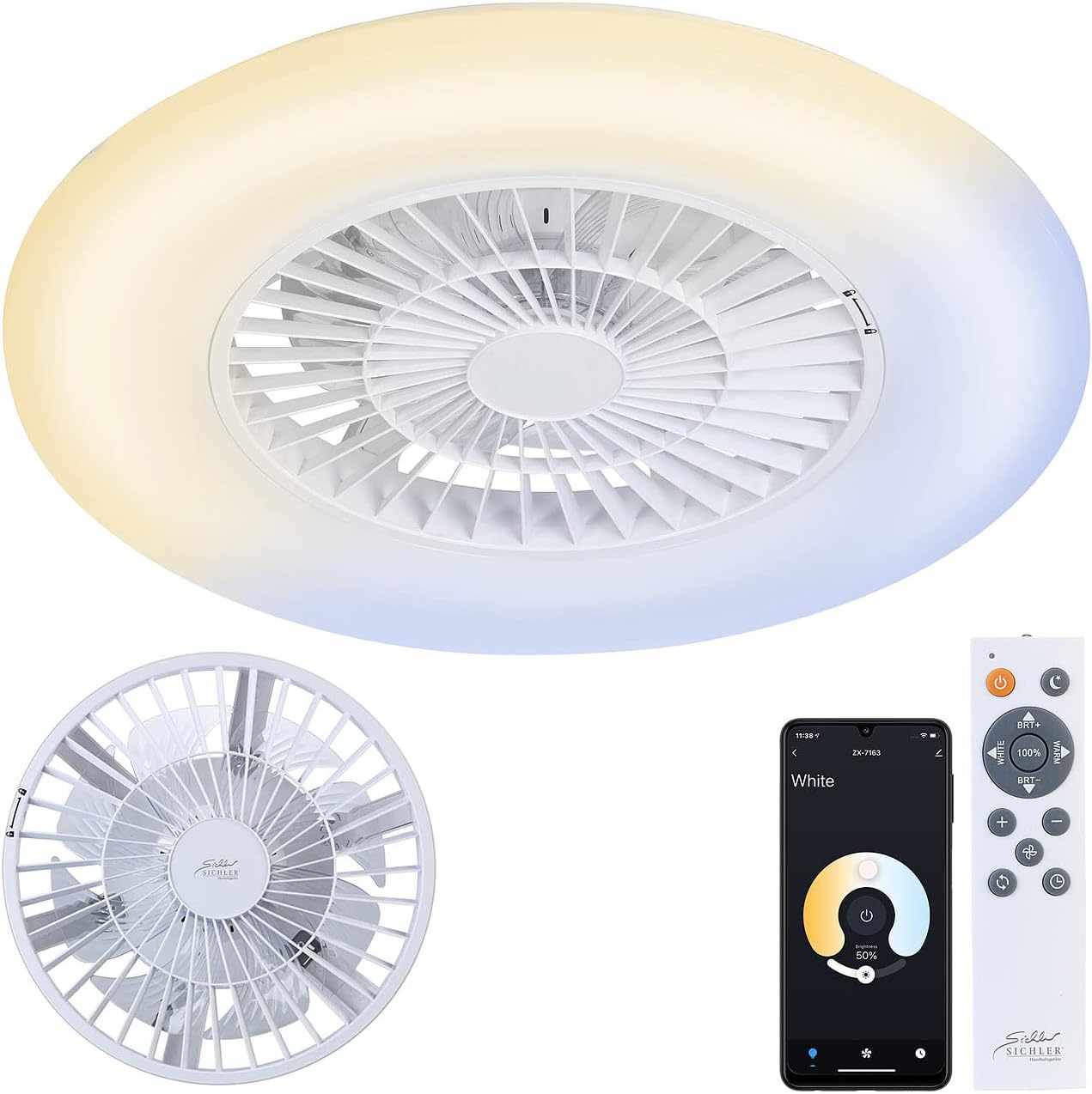 Sichler VT-960.led WLAN-Deckenventilator mit CCT-LED, Ø 60 cm, 300–3.000 lm, 6 Stufen, Sommer-/Winterlauf, App, Fernbedienung
