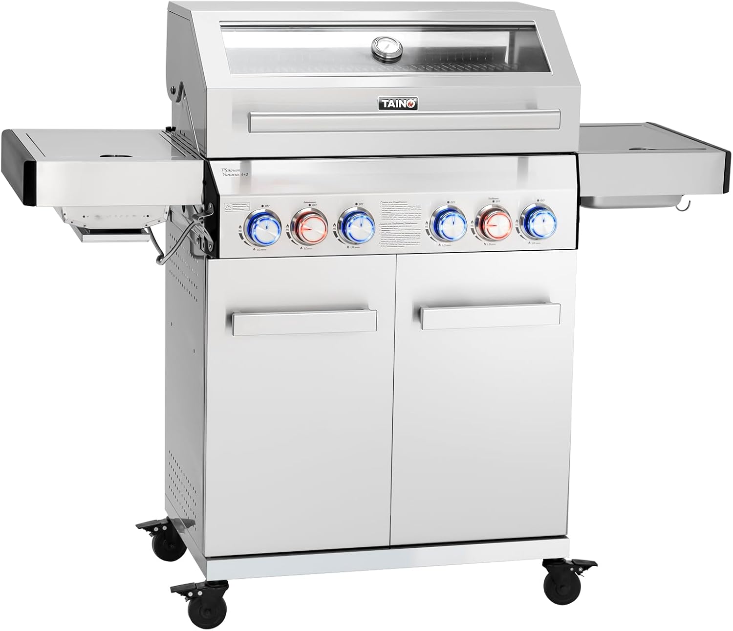 TAINO PLATINUM YAMARA 4+2 Gasgrill Edelstahl 4 Brenner Keramik, 140 × 55 × 117 cm (BxTxH) Grillfläche ca, 72 × 41,4 cm (4-tlg, 3,5 KW, Stauraum