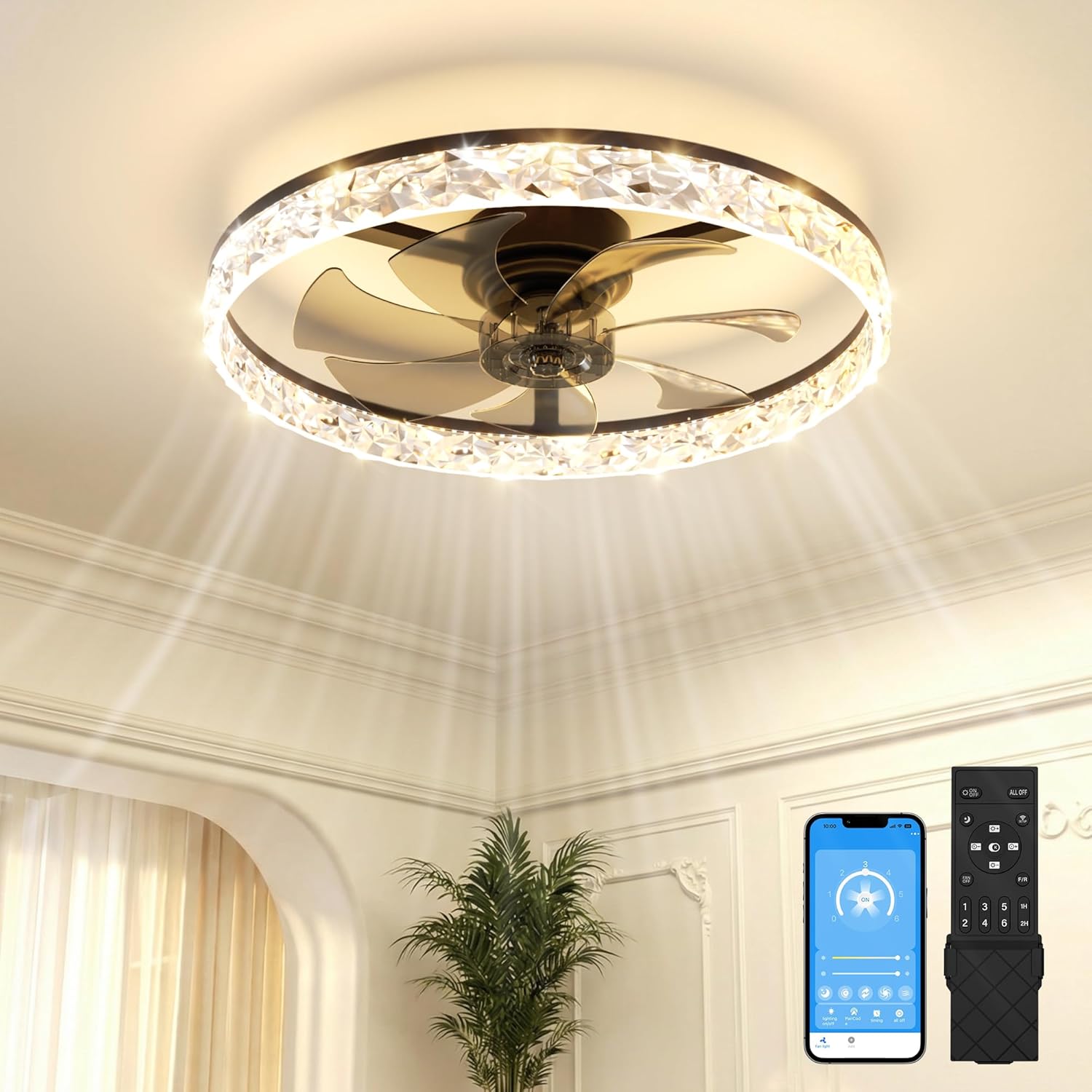 VOLISUN Deckenventilator, 60 CM), Leiser LED Deckenventilator für Schlafzimmer Wohnzimmer (Schwarz, Fernbedienung, App-Steuerung, LED-Beleuchtung