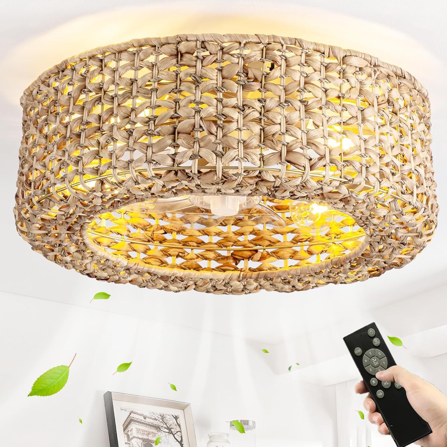 Boho Rattan Deckenventilator, Fernbedienung, Timer, licht