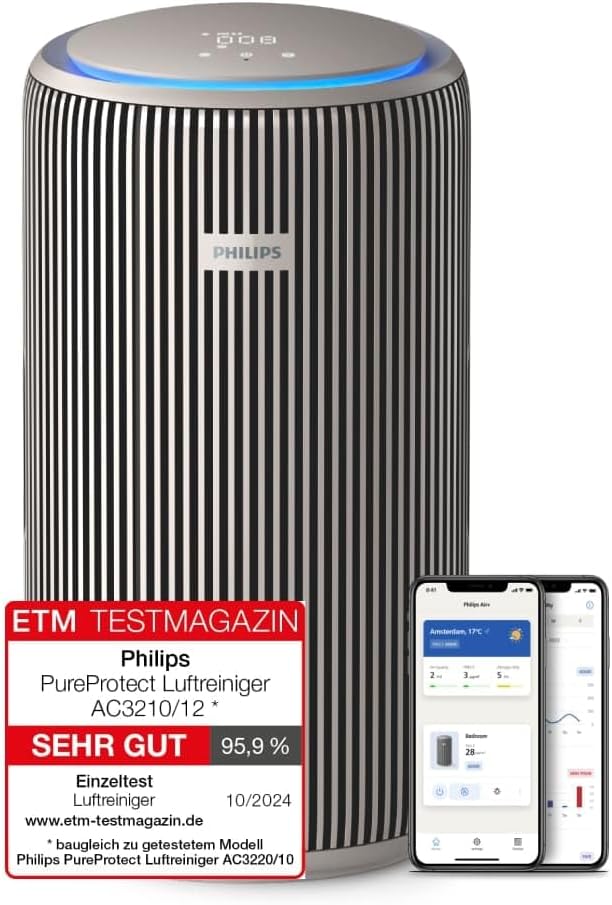 Philips PureProtect 3200 Serie: Intelligenter Luftreiniger, 15 dB, CADR 500 m³/h für 130 m², erfasst 99,97% Allergene (AC3210/12)