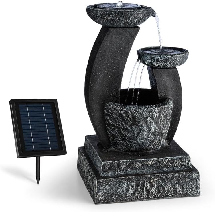 blumfeldt Fantaghiro Zierbrunnen mit Wasserspiel Tisch, 3 W Solarpanel, 250 Liter, LED-Beleuchtung, 3 Ebenen