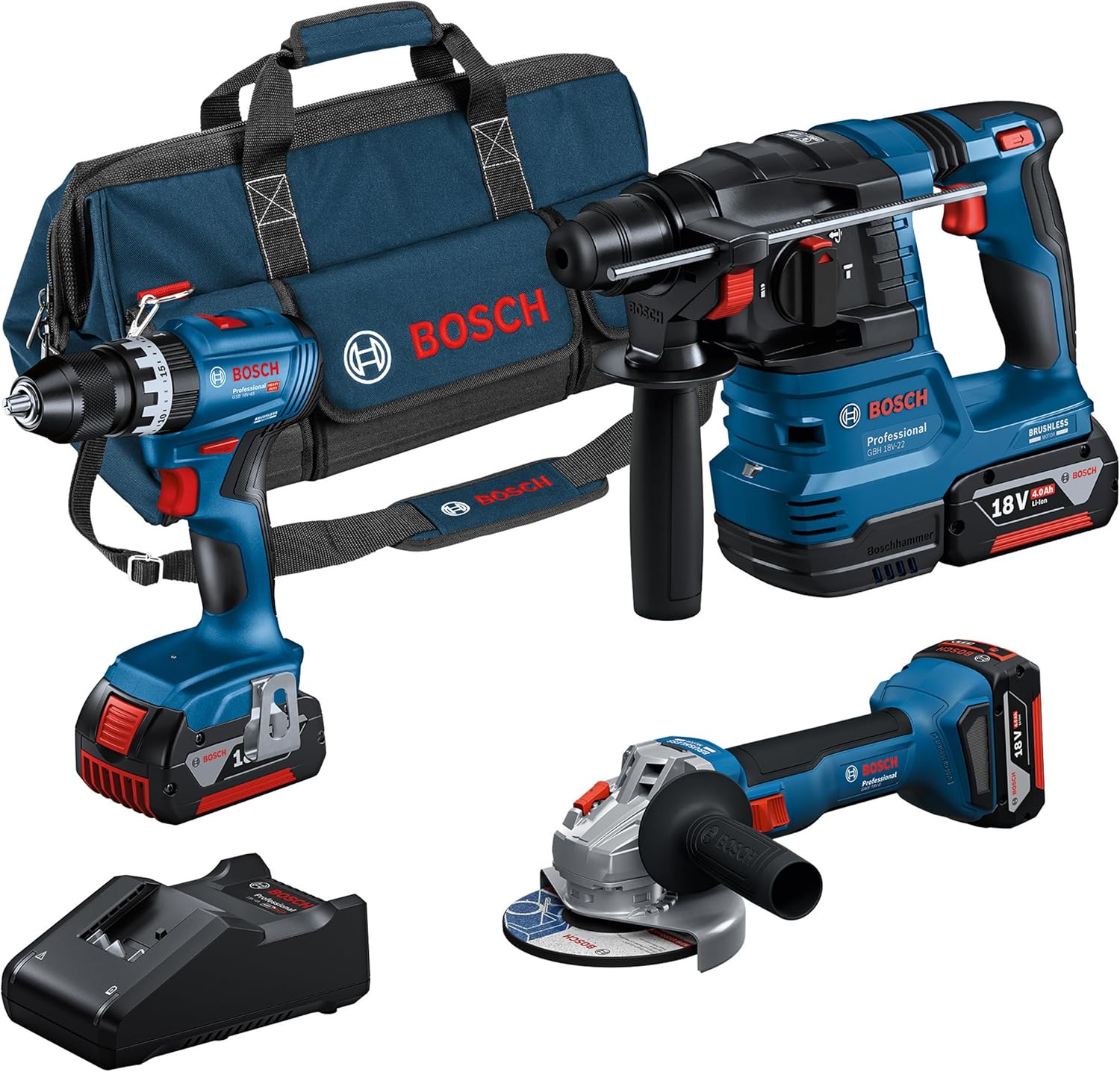 Bosch Professional 18V System Akku-Combo Kit: GSB 18V-45 + Winkelschleifer, 800 W, GAL 18V-40