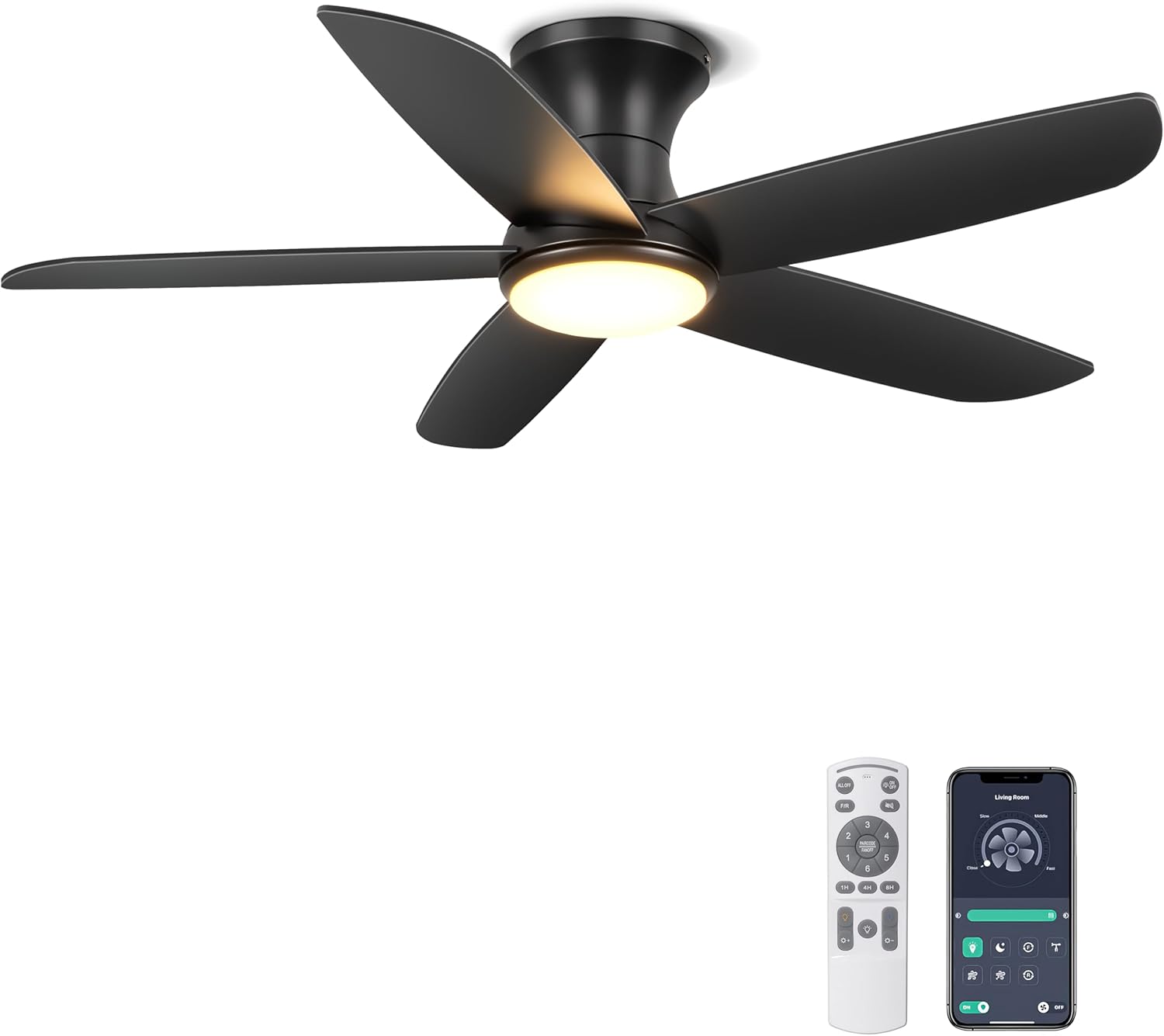Ohniyou Deckenventilator, 117 cm, 35 dB, App-Steuerung, Fernbedienung, Timer, Vor- und Rücklauf, dimmbares Licht