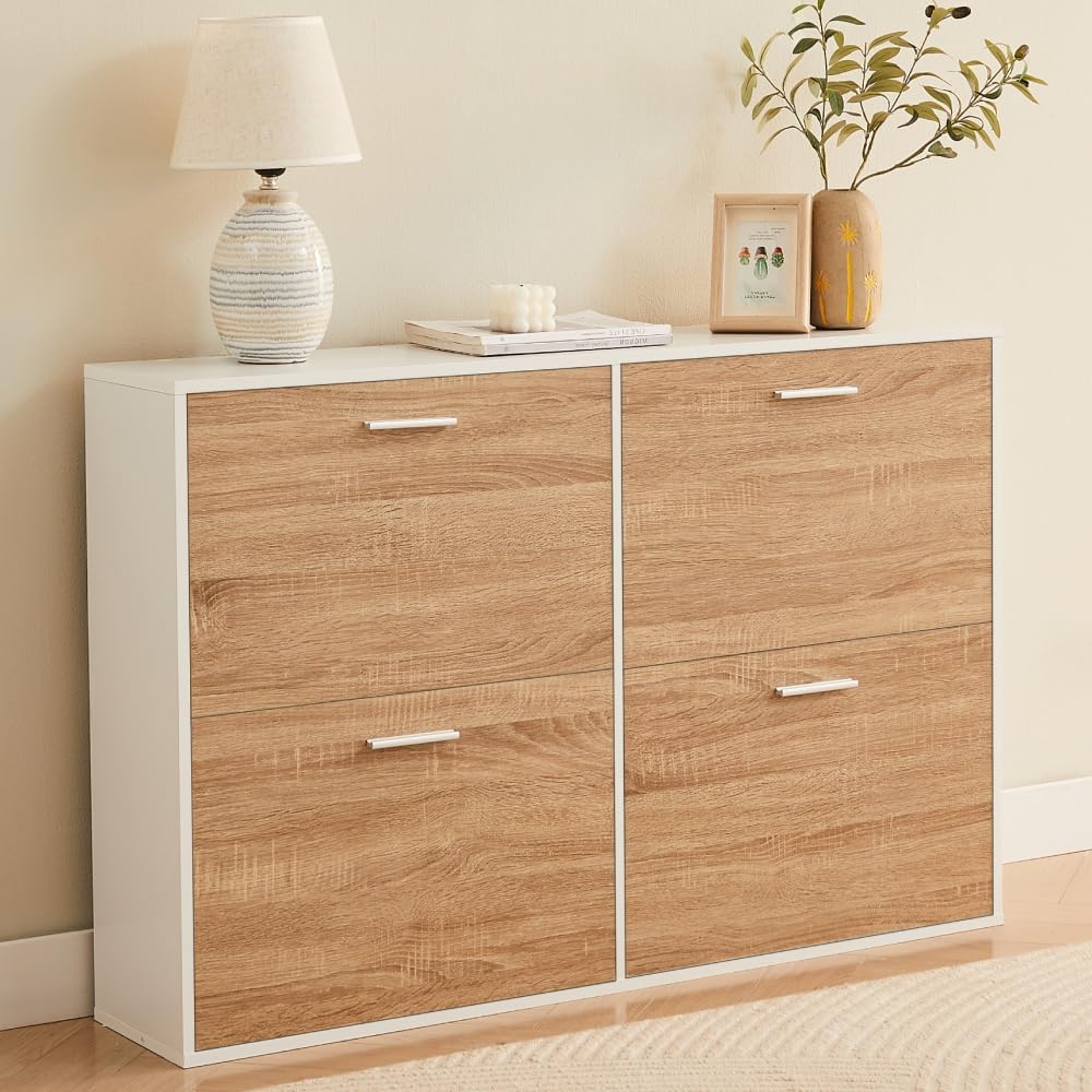 CASABEL Schuhschrank, L114xT24xH83 cm, Praktischer Stauraum für Flur, Schuhregal Holz & Weiß, Große Kapazität für 24 Paar
