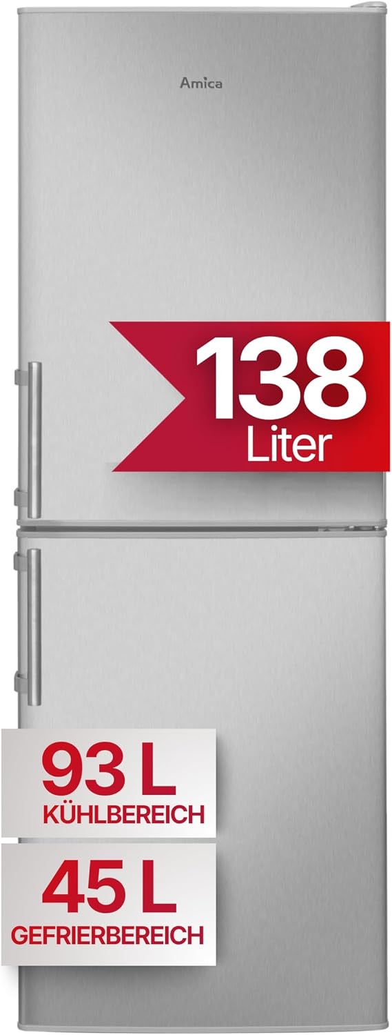 Amica Kühl Gefrierkombination freistehend 148 × 52 × 59 Tisch, 38 dB, 93 Liter, Edelstahloptik, Abtauautomatik