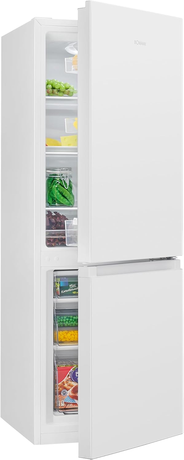 Bomann Kühlschrank, 143 cm, Kühl Gefrierkombination leise 39 dB, KG 320.2 weiß, Stauraum, 3 Ablagen & 3 Schubladen, Türanschlag wechselbar