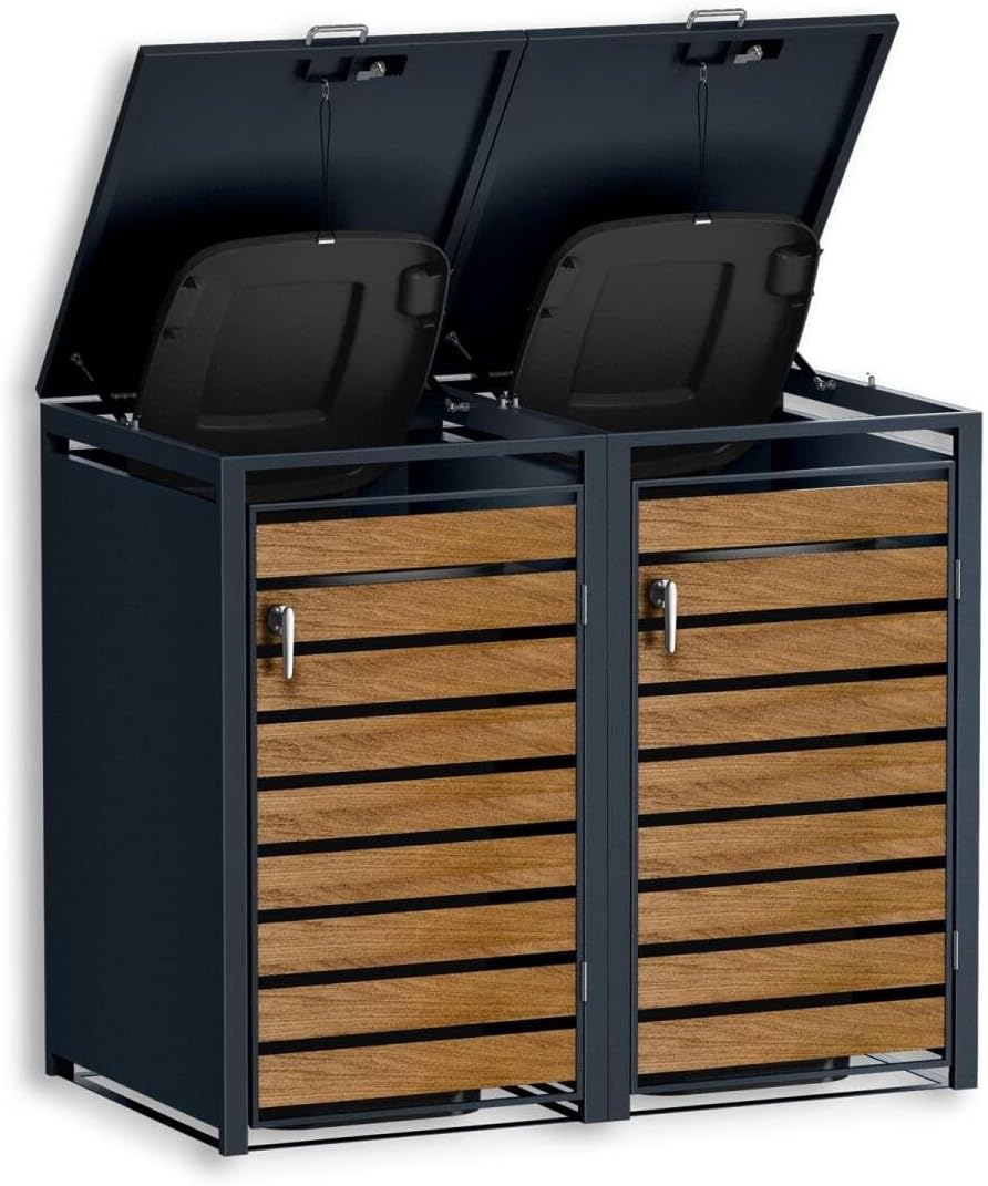 Metzler Mülltonnenbox in Anthrazit & Holzoptik 2er 240L Tisch, Mülltonnenverkleidung 2 Tonnen, einem Volumen von bis zu 240l hinein, wetterbeständig
