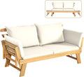 COSTWAY Gartenbank, 198 × 75 × 75 cm (Beige), Gartensofa mit Auflagen und klappbaren Armlehne, Balkonbank aus Akazienholz