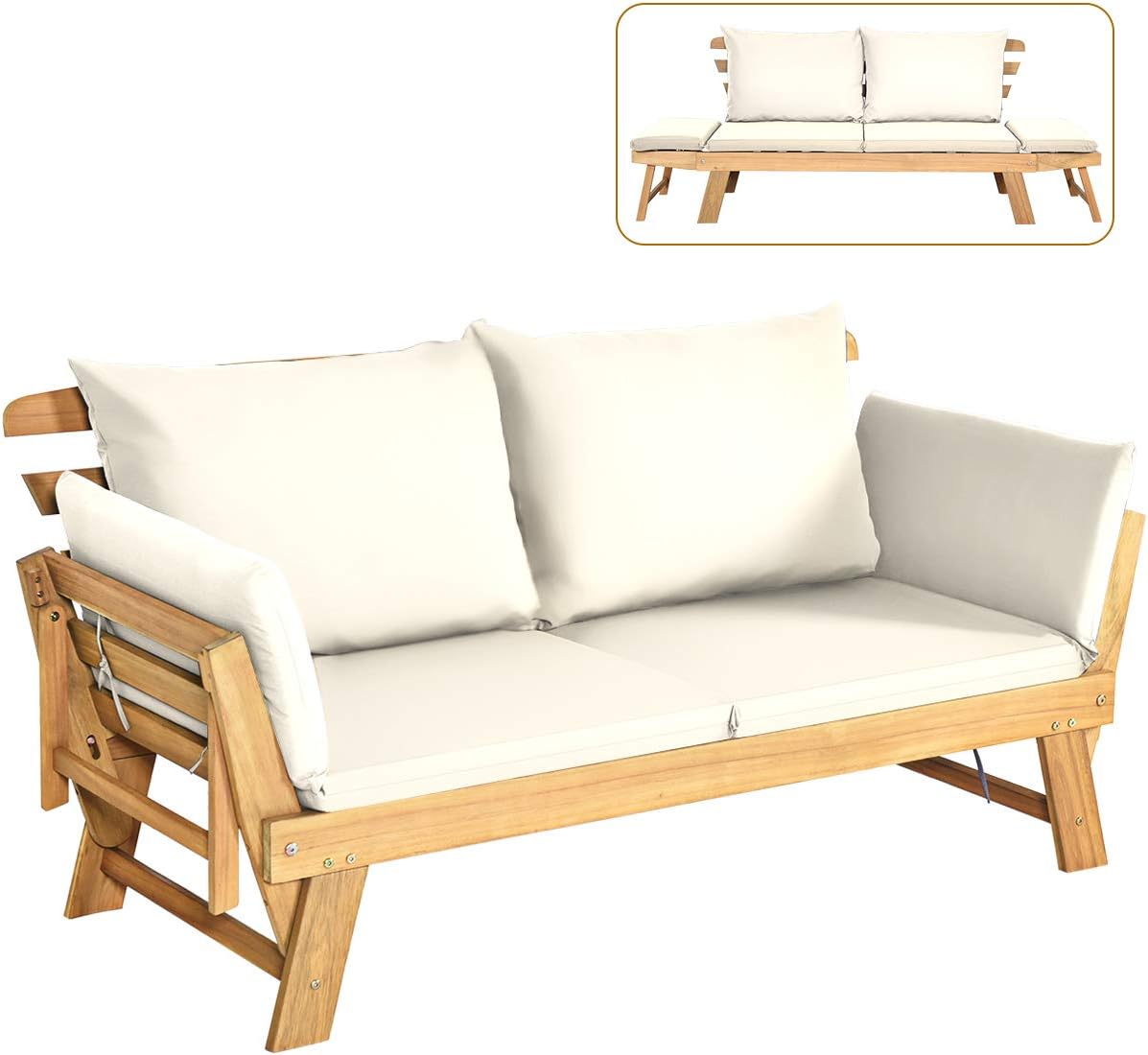 COSTWAY Gartenbank, 198 × 75 × 75 cm (Beige), Gartensofa mit Auflagen und klappbaren Armlehne, Balkonbank aus Akazienholz