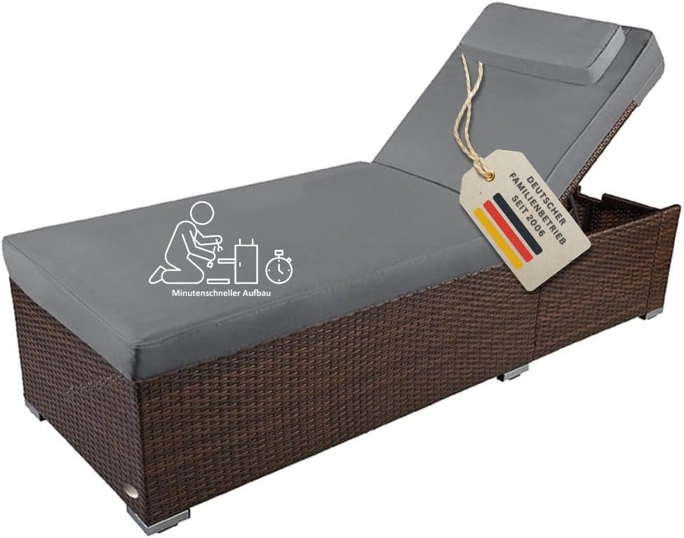 RS Trade Sonnenliege Gartenliege wetterfest extra hoch auch für, stabil & belastbar bis 200 kg, Polyrattan Outdoor mit Rollen, braun Rattan