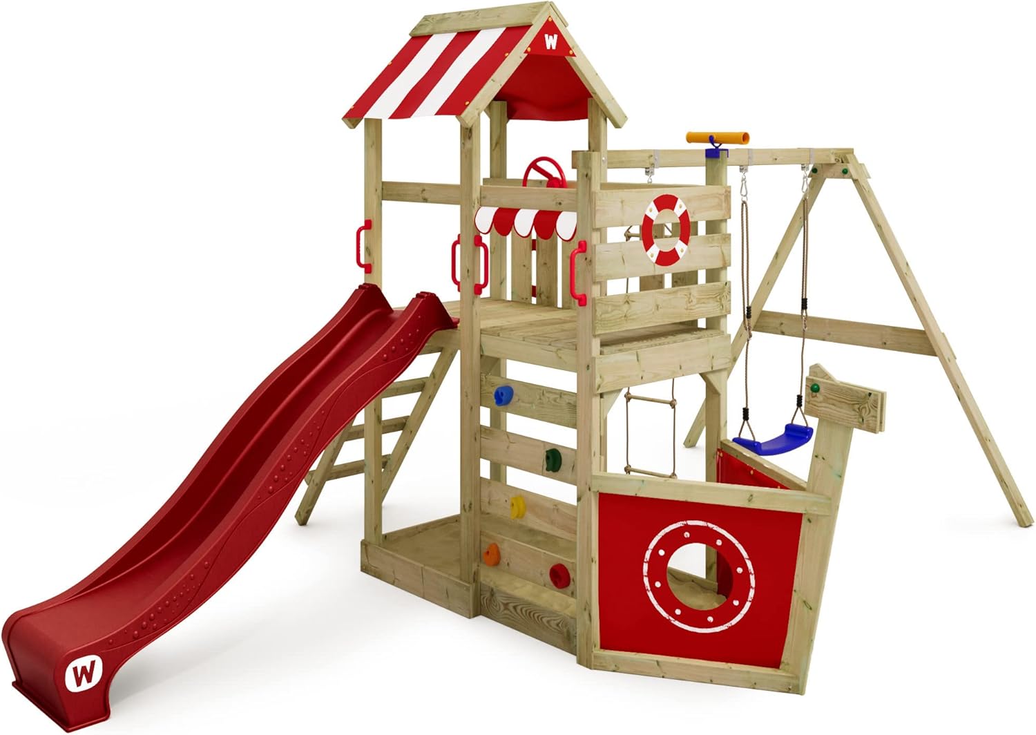 WICKEY Spielturm Klettergerüst SeaFlyer mit Schaukel & roter Rutsche