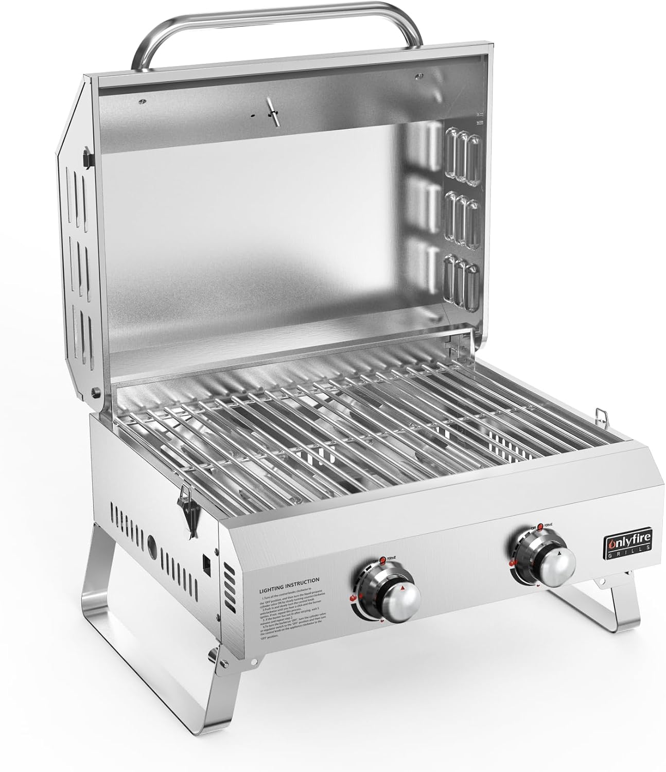 onlyfire Tischgasgrill 2 Edelstahlbrennern, 4.7 kW, Grillfläche 46 × 35 cm, einem 46 × 35 CM, 52,7 L