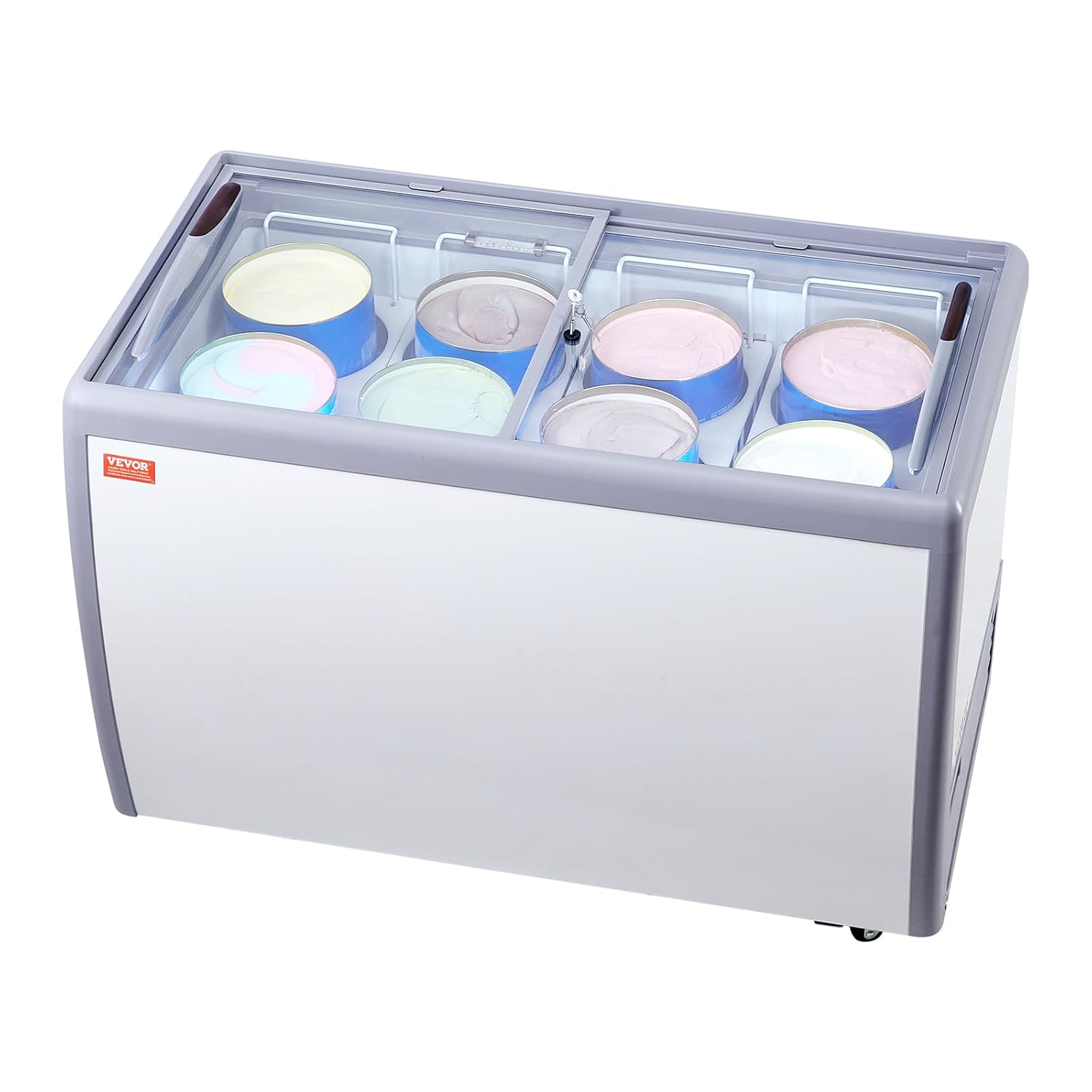 VEVOR Kommerzielle Eiscreme-Vitrine, 370 L Gefriertruhe, 370 L Gefriertruhe, LED-Beleuchtung, Stauraum, Mobiler Tiefkühlschrank mit Glasplatte