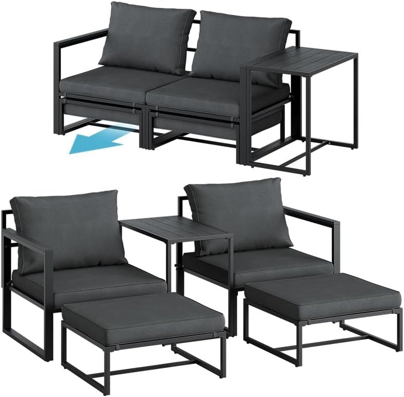 STEELSØN Asteri Sitzgruppe 5-teilig - Gartenmöbel, Balkonlounge Metallgestell Schwarz, Gartenmöbel Set mit 2 Sessel, 2 Hocker, 1 Tisch, wetterfest