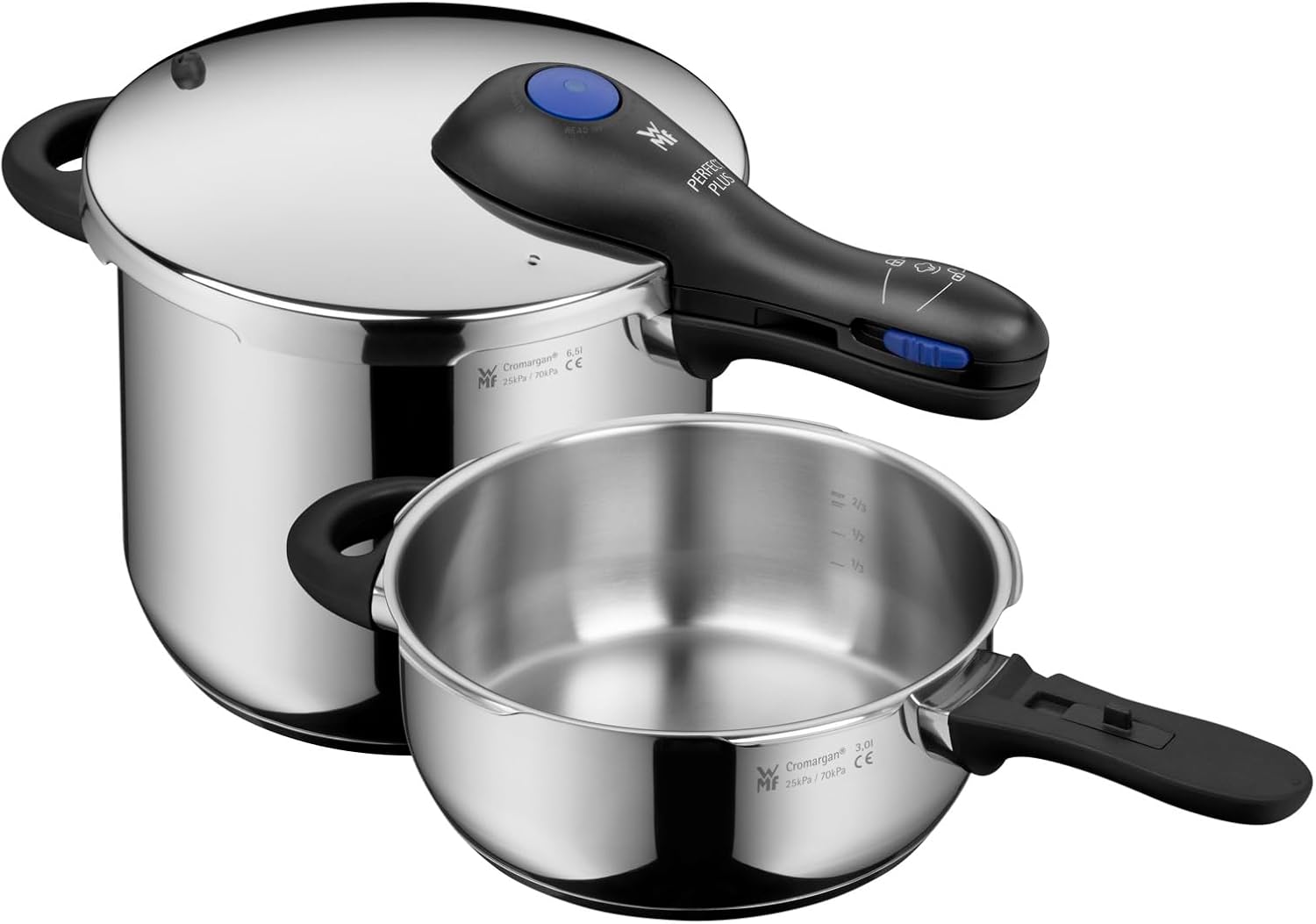 WMF Perfect Plus One Pot Schnellkochtopf Set Induktion 2-teilig, Cromargan Edelstahl poliert, Dampfkochtopf 6,5l + 3l großes Kochsignal