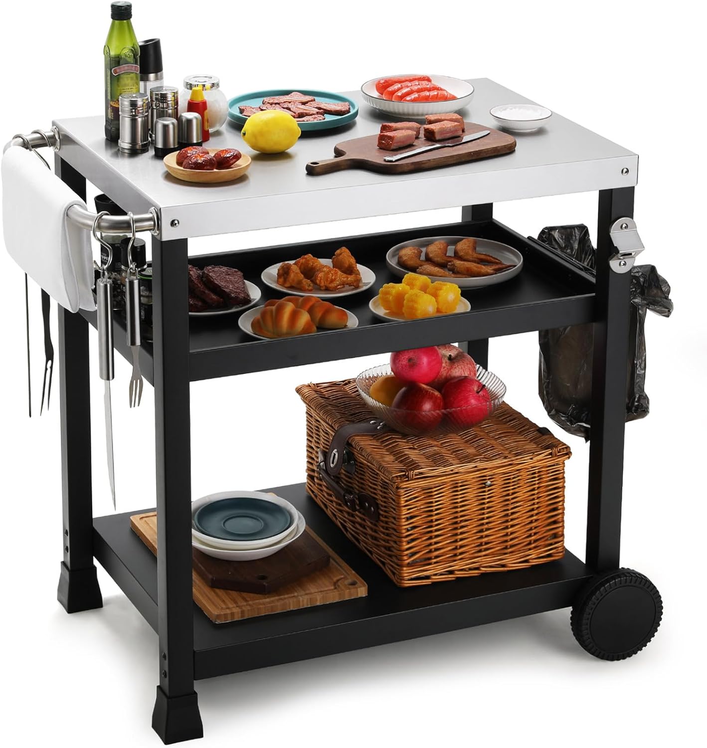 LIFERUN Edelstahl Grillwagen 3 Etagen, Stauraum, Grilltisch Outdoor mit Edelstahl Tischplatte, wetterbeständig