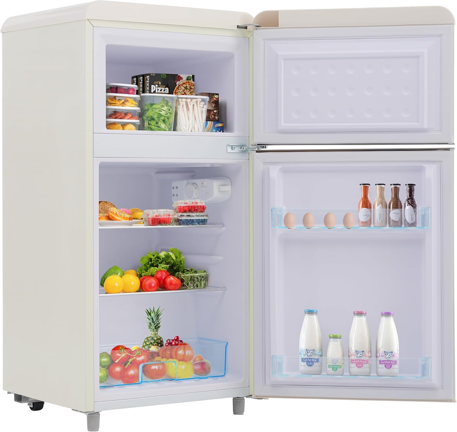 Merax Retro Kühlschrank, 39 dB, LED-Beleuchtung, Stauraum, 72L Gesamtvolumen, 21L Gefrierfach, 120 kWh/Jahr, 3 verstellbare Einlegeböden Weiß