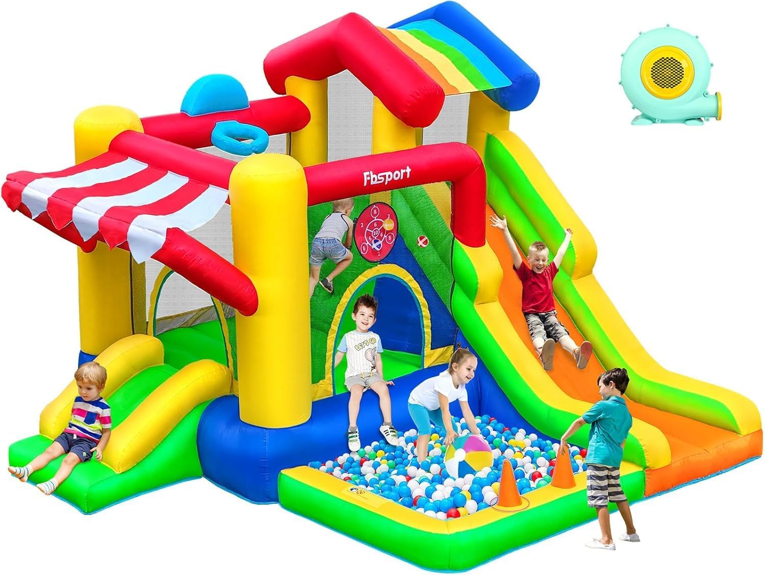 FBSPORT Hüpfburg für Kinder Indoor Outdoor mit Doppel Rutsche, Maximale Last 135 KG, 322 × 305 × 208 cm