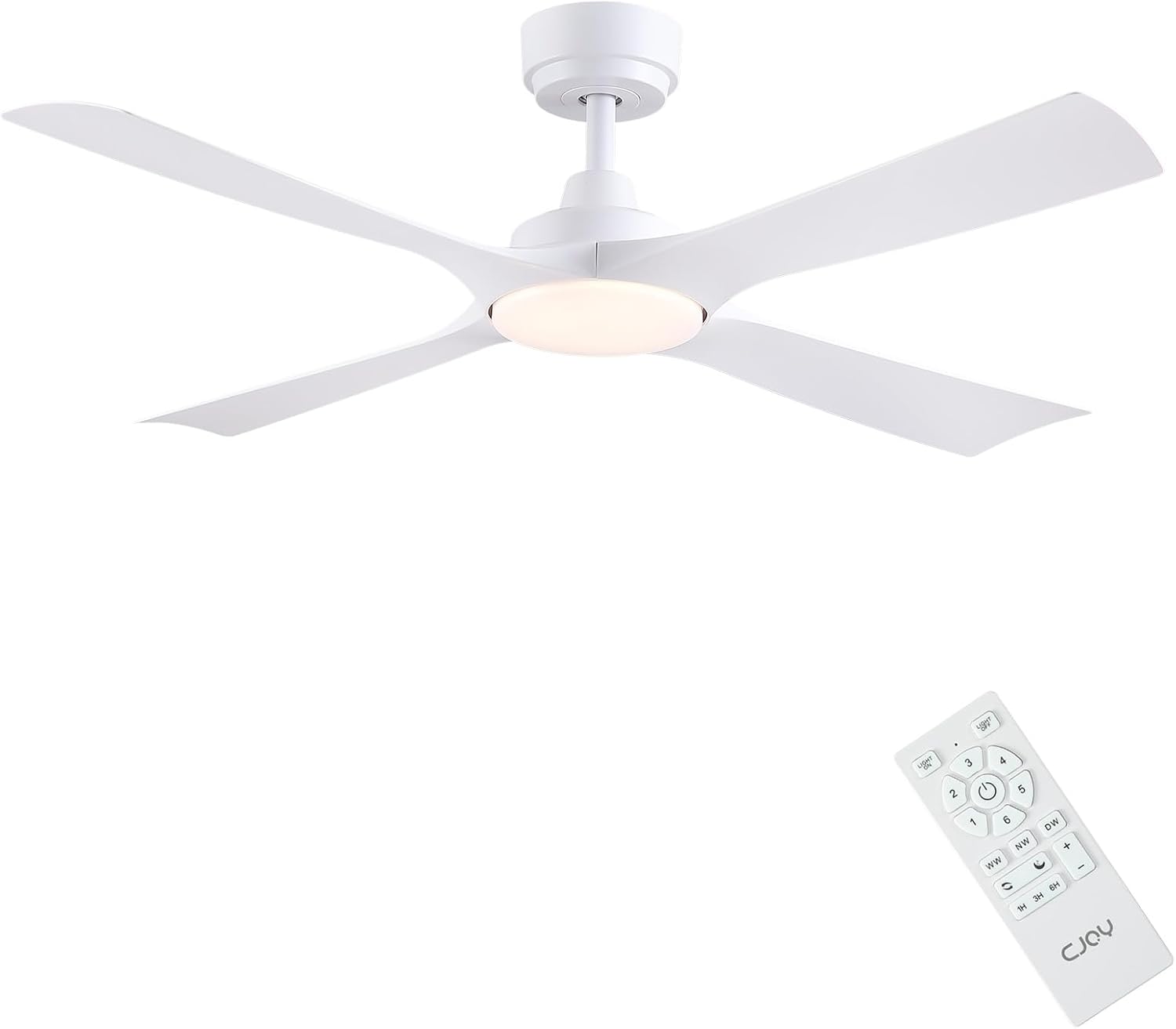 CJOY Deckenventilator, LED Dimmbar, Fernbedienung, Timer, LED-Beleuchtung, Weiß Deckenventilator mit Beleuchtung 4 Flügel, 6 Geschwindigkeiten