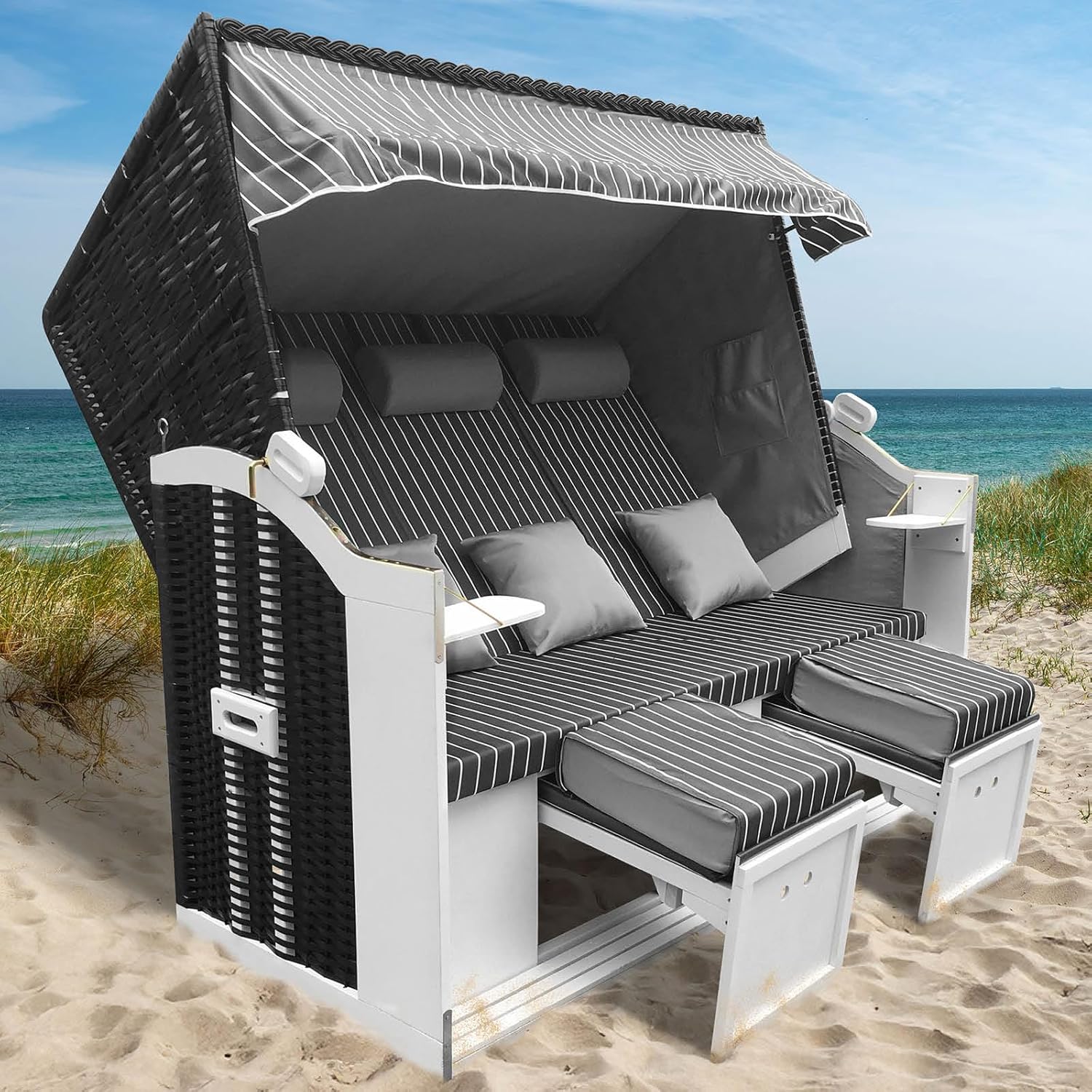BRAST Strandkorb Usedom 3-Sitzer XXL für 2-3 Personen Tisch, 165 cm breit, 5 Designs, wetterfeste Abdeckhaube, verstellbare Rückenlehne Fußkissen