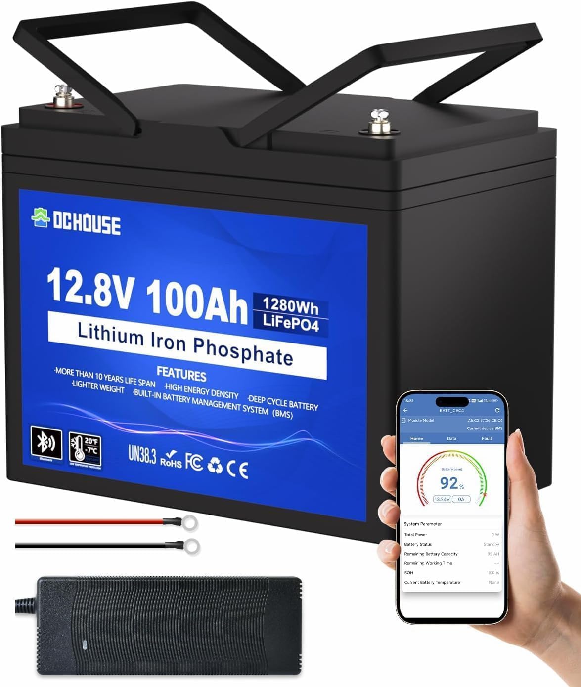 DCHOUSE 12V 100AH LiFePO4 Bluetooth Lithium Batterie Tisch, App-Steuerung, 10A Batterie Ladegeräte, 100A BMS Niedertemperaturschutz