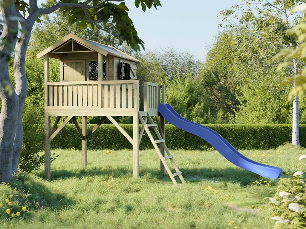 Stelzenhaus Funny XXL KDI, 285 × 188 × 303 cm, 146 cm Podest, Kesseldruckimprägniertes Kiefernholz, einer blauen Rutsche ausgestattet ist