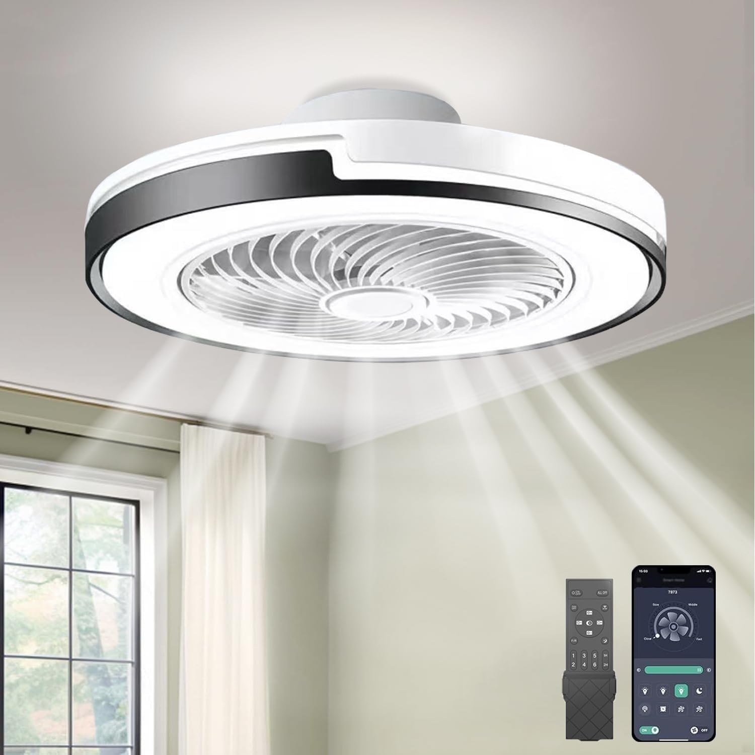LED Deckenventilator, (Schwarz，50 cm), APP, Fernbedienung, Timer, App-Steuerung