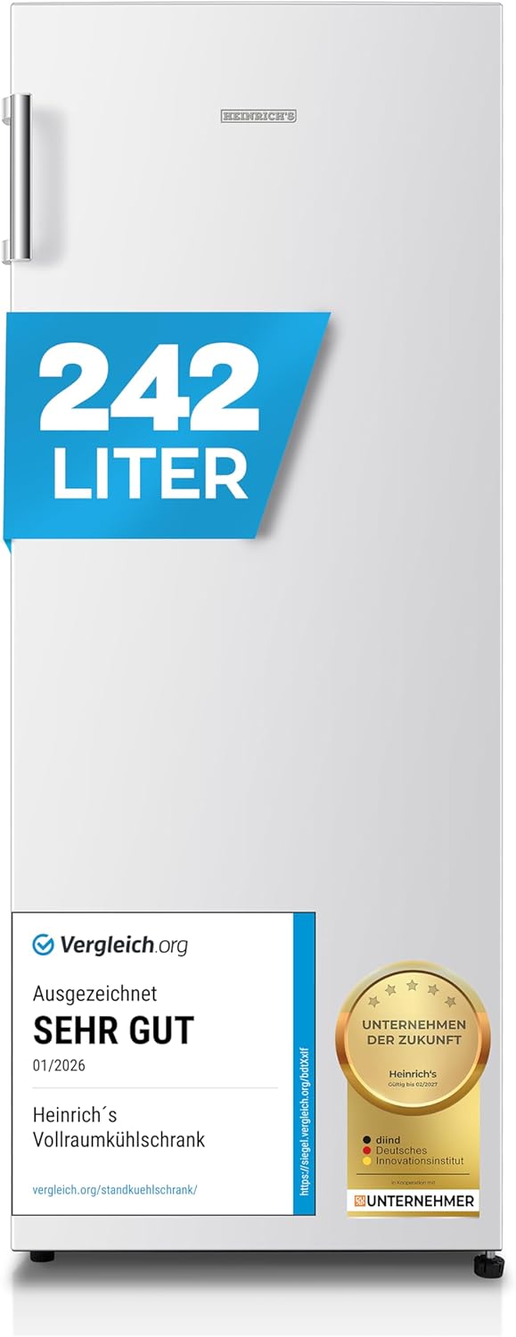 Heinrich´s freistehender Kühlschrank, leise 40 dB, 242 Liter Kühlvolumen, Welche Lautstärke hat der HVK 3096 W?, LED-Beleuchtung, verstellbar