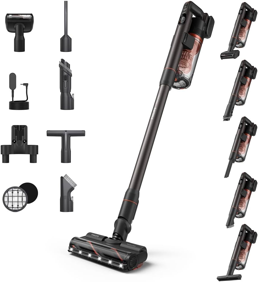 PHILIPS SpeedPro Max Kabelloser Stielstaubsauger 7000 Serie, 4 LED-Aufsätze (XC7065/01), 360 Kraftvolle Saugkraft, Max. 80 Min